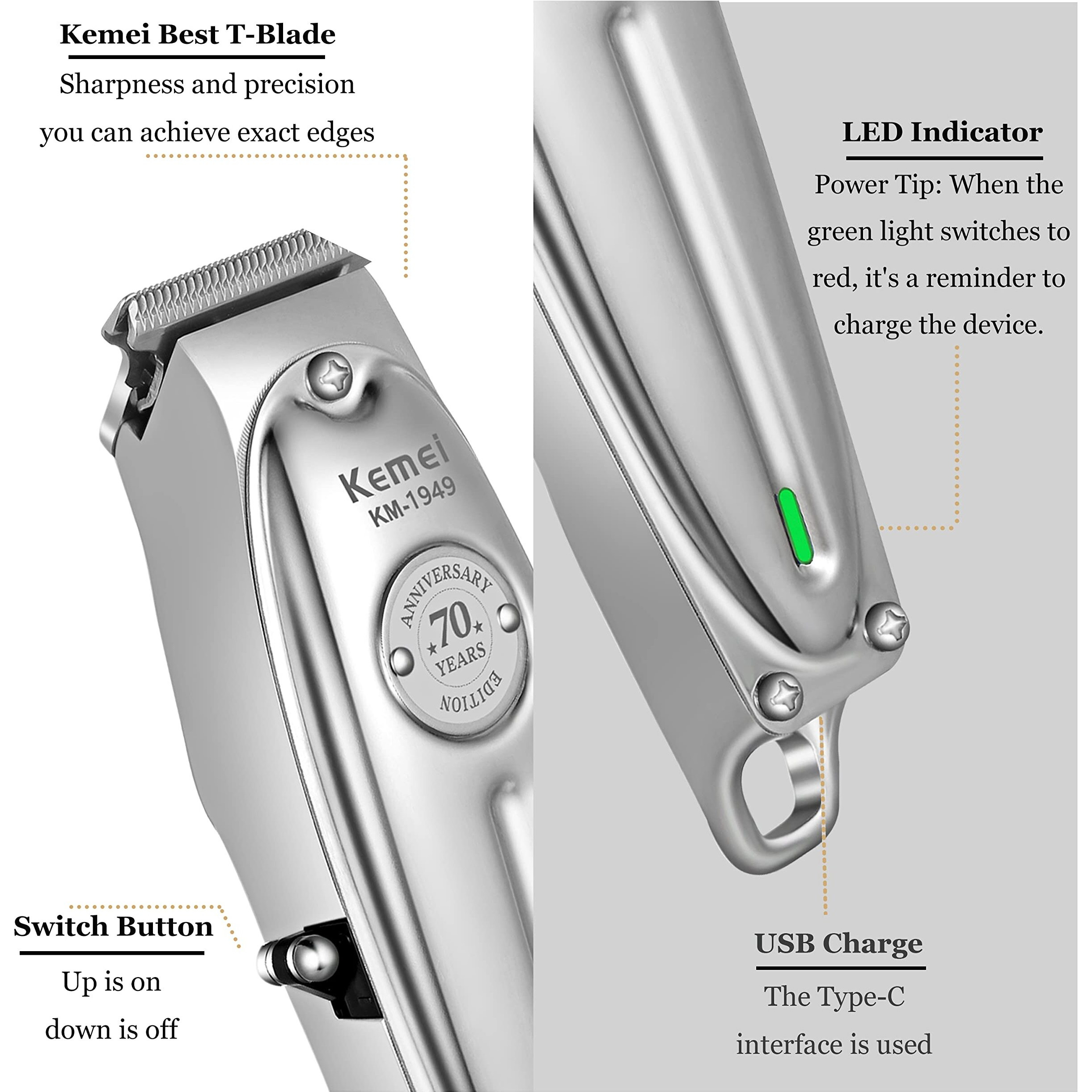 Kemei Professional Beard And Hair Trimmer For Men, Cordless T-Blade Trimmers, Electric Hair Clippers For Barbers And Stylists, All Body Grooming Model 1949