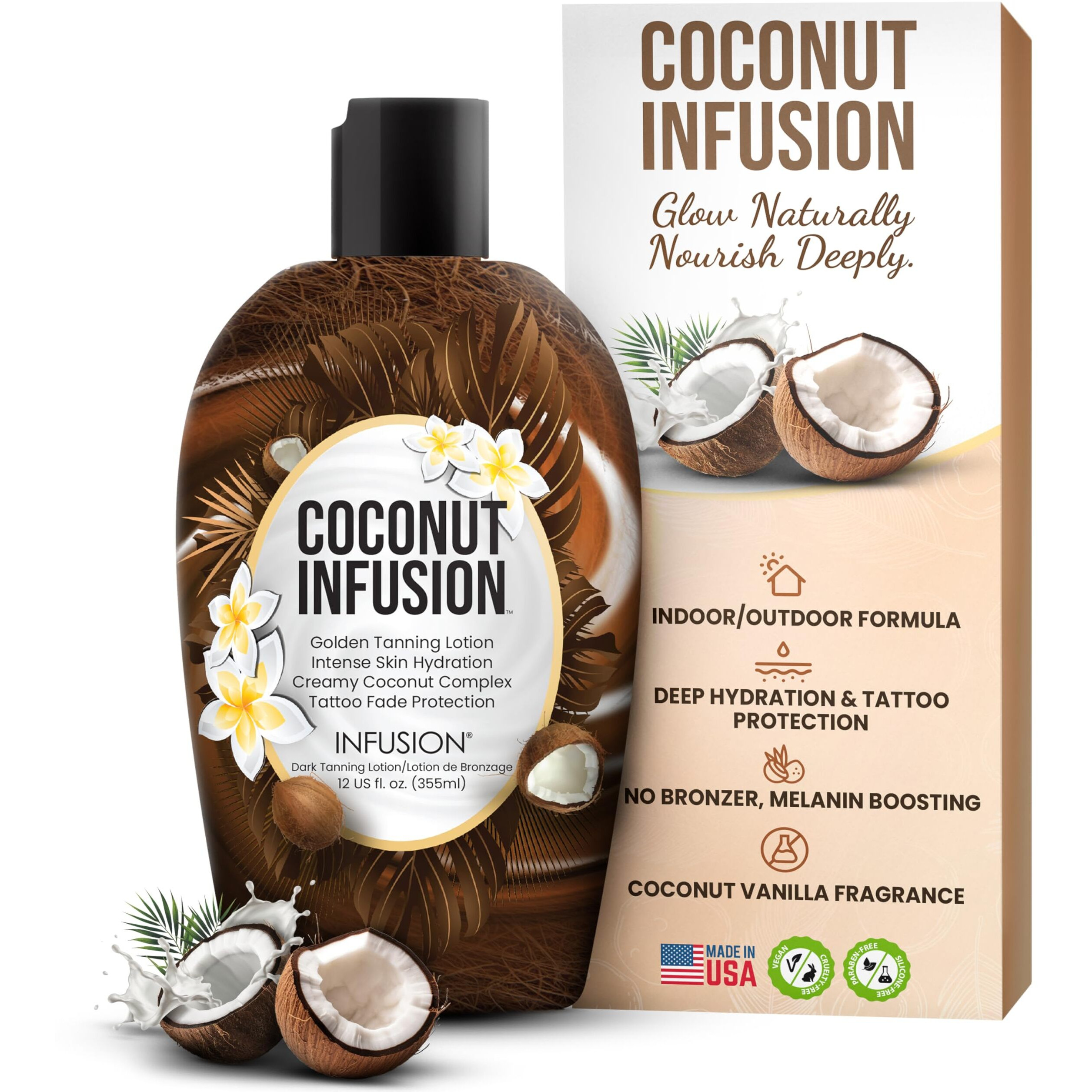 Coconut Infusion Tanning Lotion - Indoor & Outdoor Tan Accelerator - Hydrating, Safe For Face, Body, And Tattoos - Coconut Vanilla Scent - No Bronzer, Compatible For All Skin Types