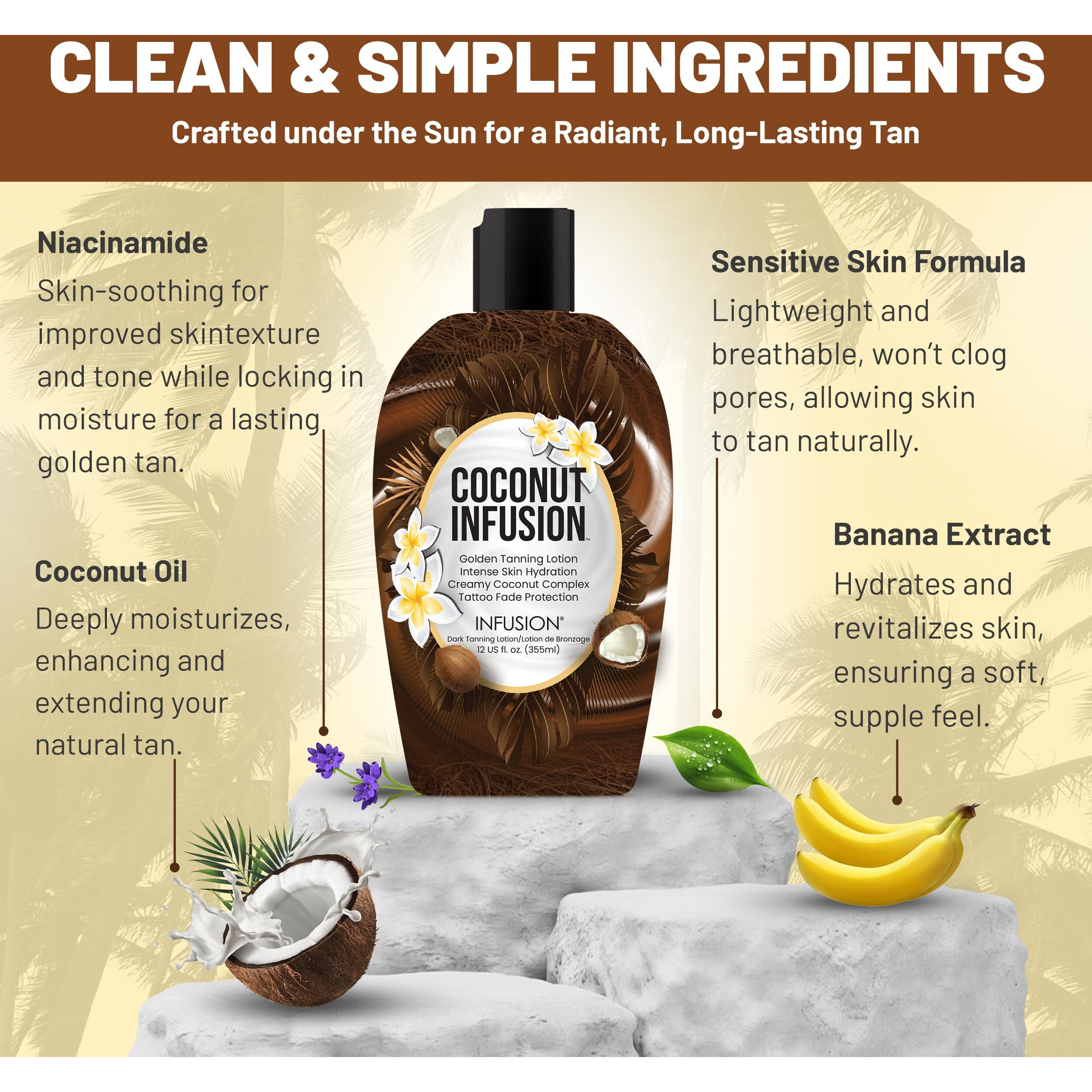 Coconut Infusion Tanning Lotion - Indoor & Outdoor Tan Accelerator - Hydrating, Safe For Face, Body, And Tattoos - Coconut Vanilla Scent - No Bronzer, Compatible For All Skin Types