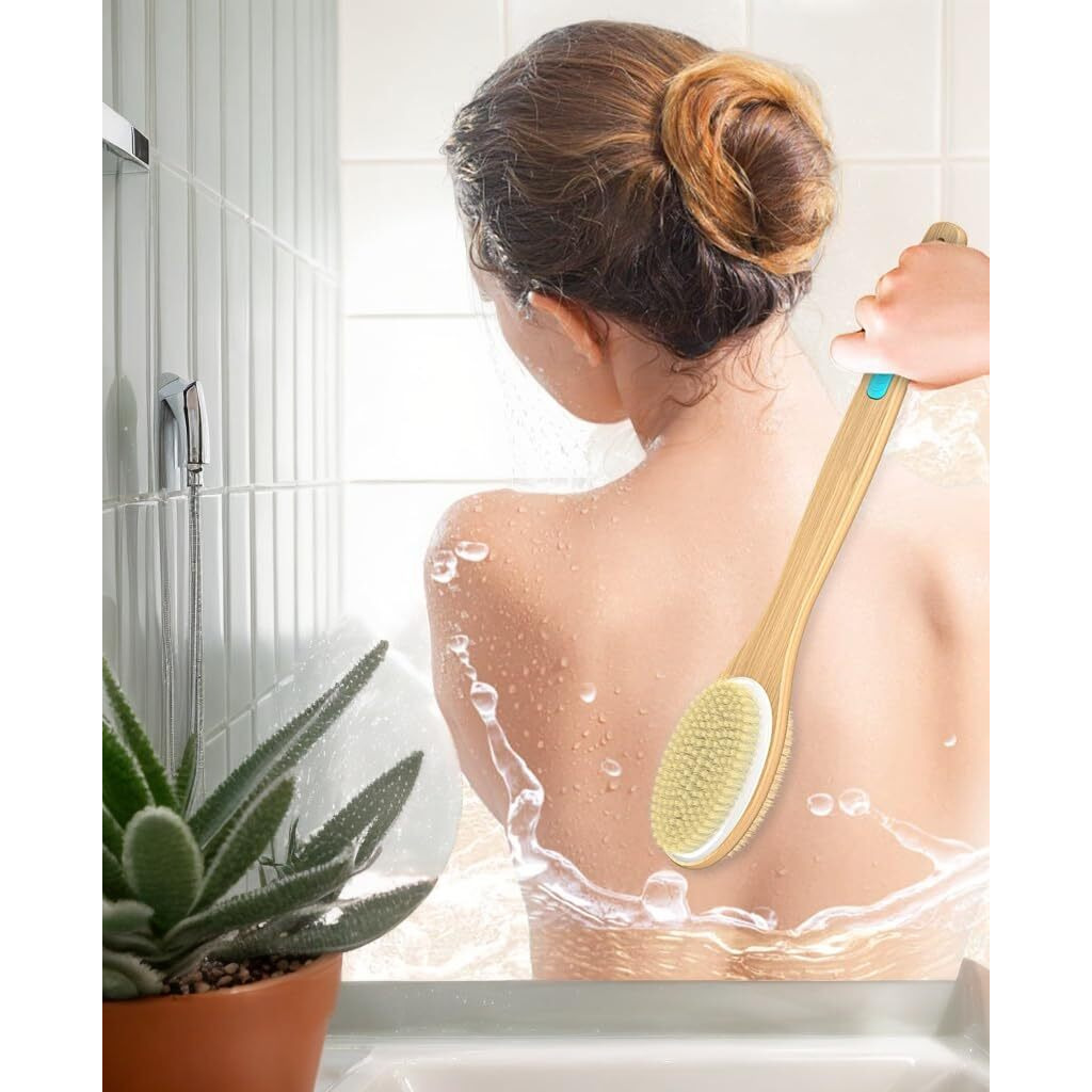 Manlinkei Back Scrubber For Shower, Long Handle Dual-Sided Shower Brush With Soft And Stiff Bristles, Body Exfoliator