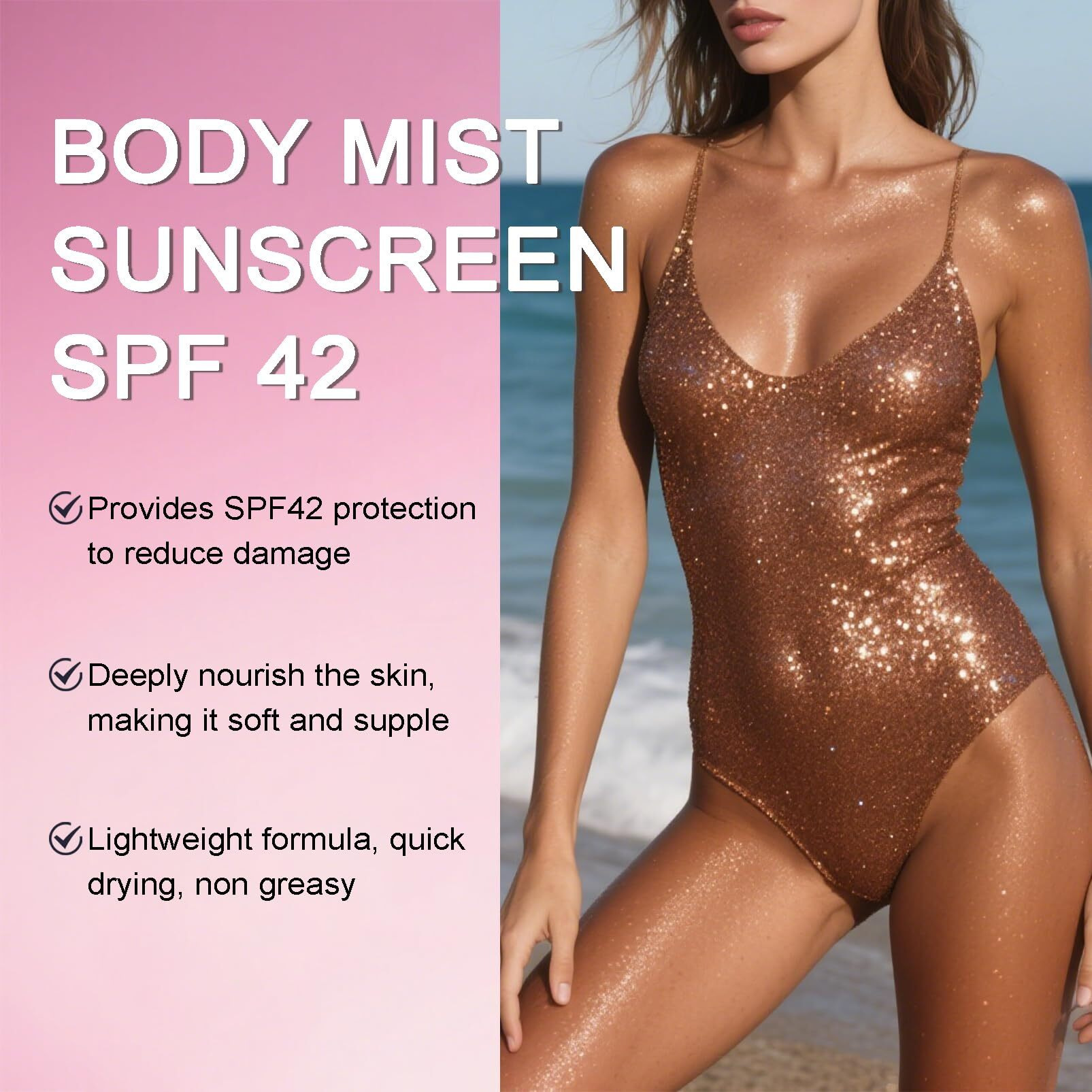Sunglaze Sheer Body Mist Sunscreen Spf 42 - Body Shimmer Sunscreen, Hydrating Mist Makeup Friendly, Gives Skin A Glowy Finish, Waterproof, Lightweight - Beach Essentials (6.76Fl.Oz)