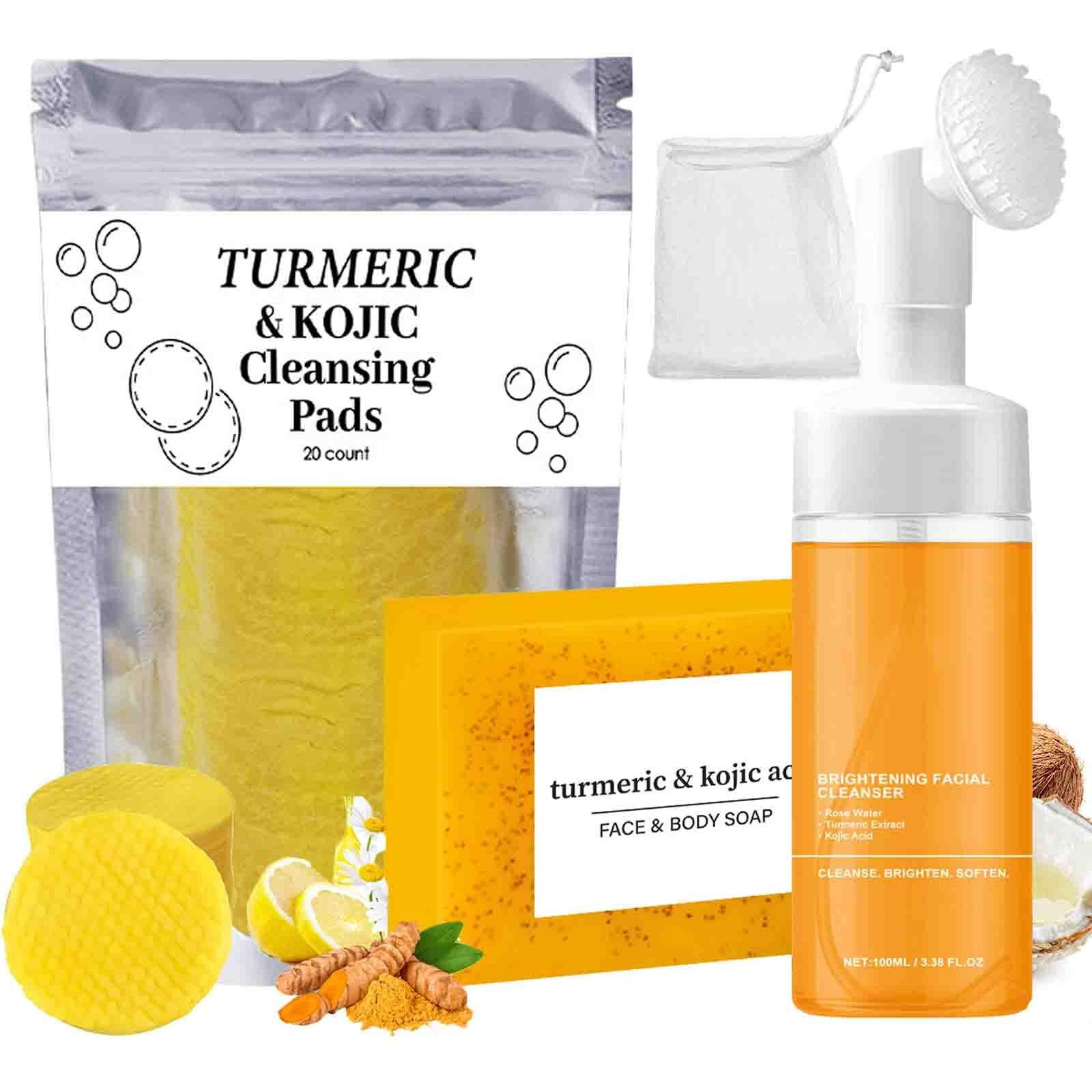 Turmeric Wash And Care 3 Piece Set, Turmeric Trio Facial Wash, Cleansing Mousse, & Soap, Jabon De Curcuma, Deep Cleansing Exfoliating Moisturizing Skin Care Set For Face & Body (3Sets, 3)