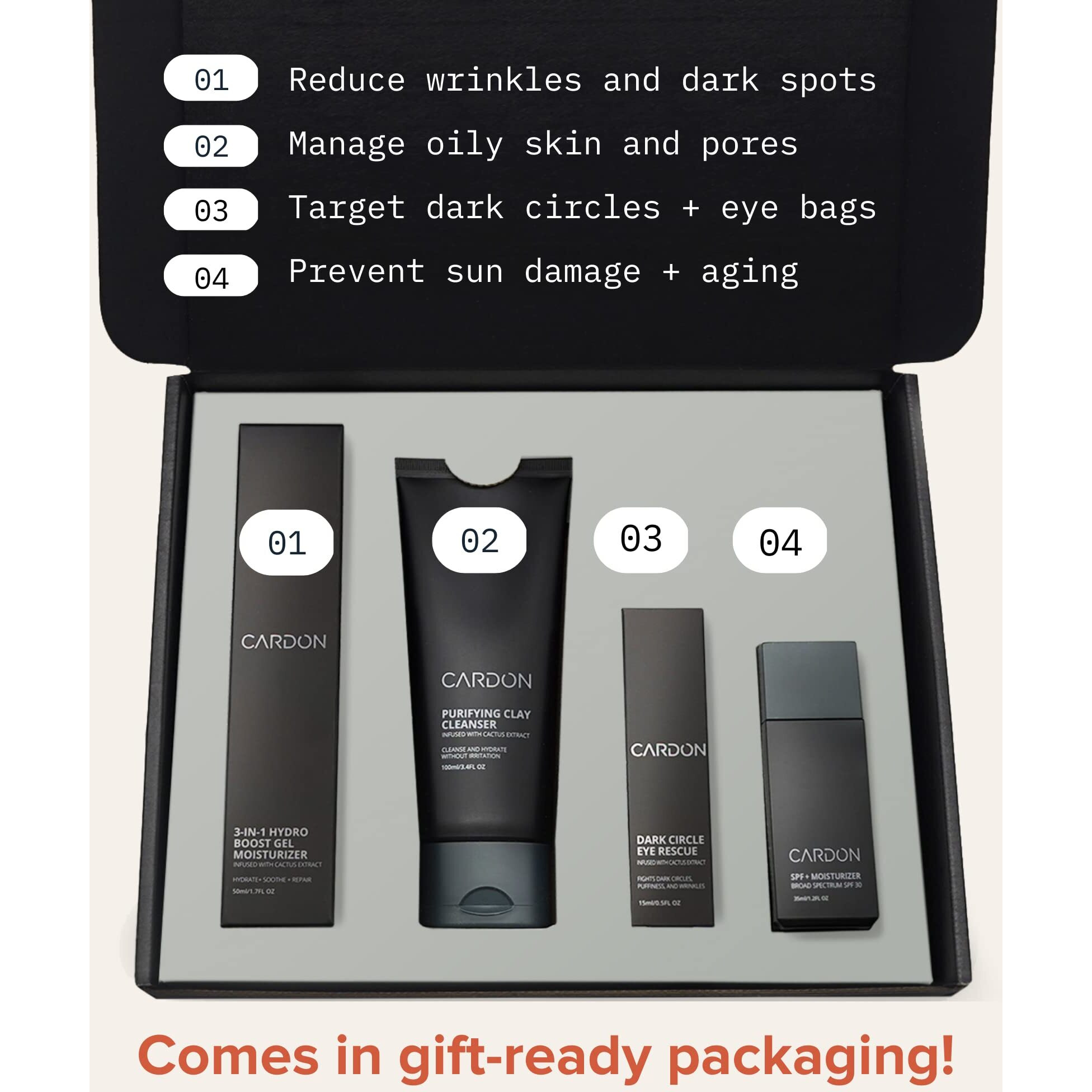 Limited Edition Men's Skincare Gift Set, Cardon Anti-Aging Korean Skincare Routine, Cactus-Based, All Skin Types, Face Wash, Face Moisturizer With Sunscreen, Spf 30, Night Lotion, Eye Cream (4 Ct)