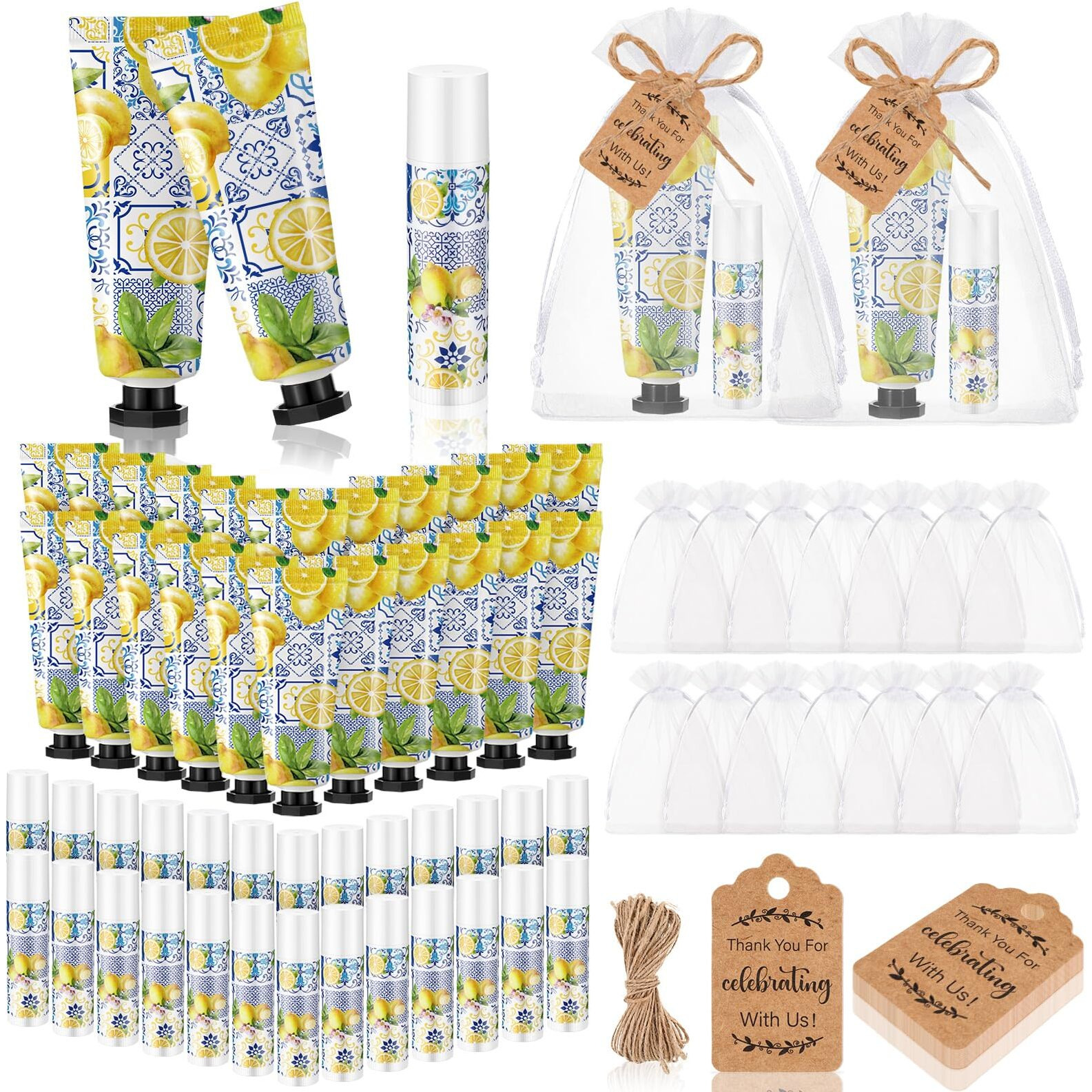 Dansib 24 Sets Hand Cream And Lip Balm Gift Bridal Baby Shower Party Supply Travel Size Hand Lotion And Lip Balm Bulk With Organza Bag And Tag Wedding Bridal Baby Shower Party (Lemon)