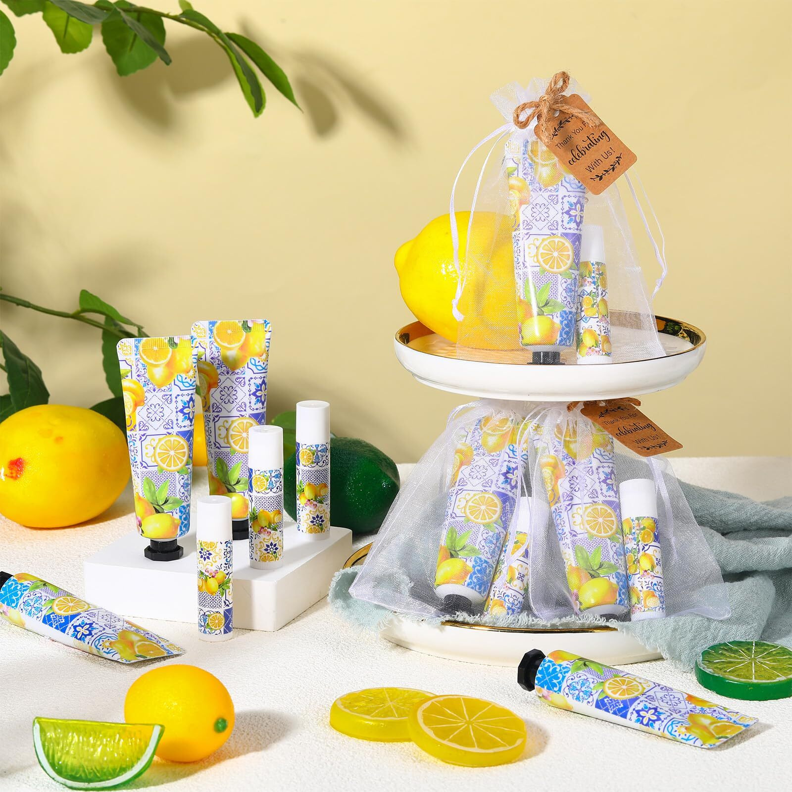 Dansib 24 Sets Hand Cream And Lip Balm Gift Bridal Baby Shower Party Supply Travel Size Hand Lotion And Lip Balm Bulk With Organza Bag And Tag Wedding Bridal Baby Shower Party (Lemon)