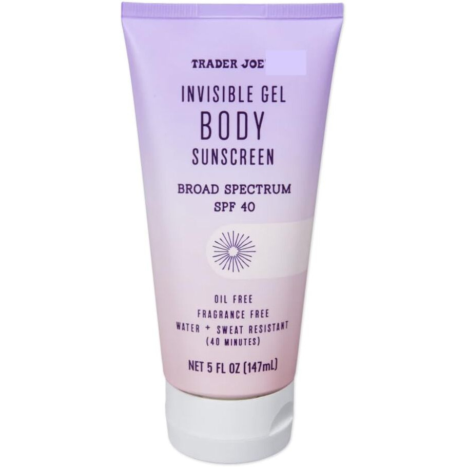Trader Joes Invisible Gel Body Sunscreen Broad Spectrum Spf 40 Oil Free Clear Color Gel Formula Fragrance Free Water Sweat Resistant, 5 Fl Oz