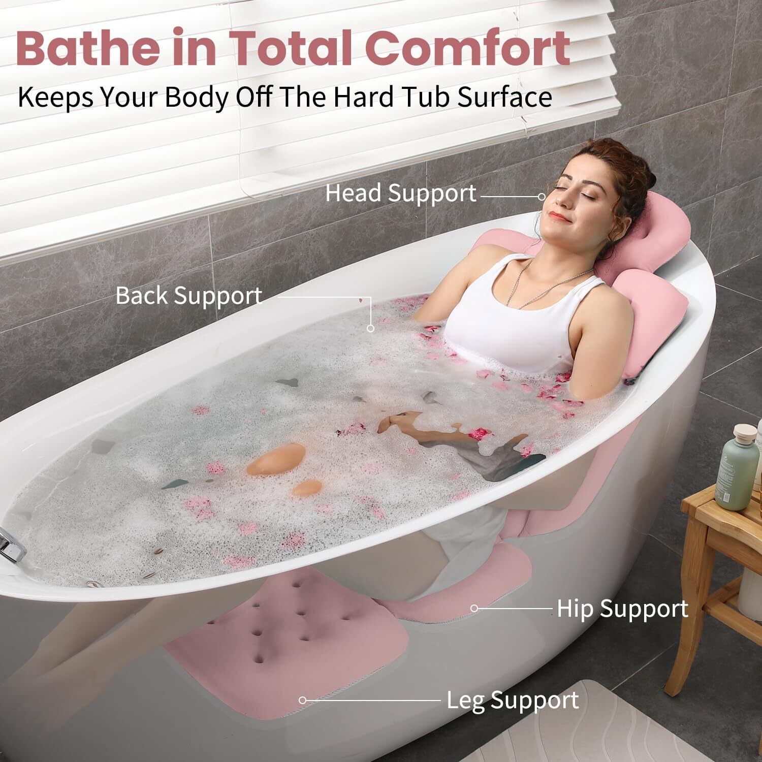Full Body Bath Pillow For Bathtub, Thick Bathtub Cushion With Laundry Bag, Luxury Tub Pillow For Bath For Headrest Neck And Back Support Pink 56"" X 16""