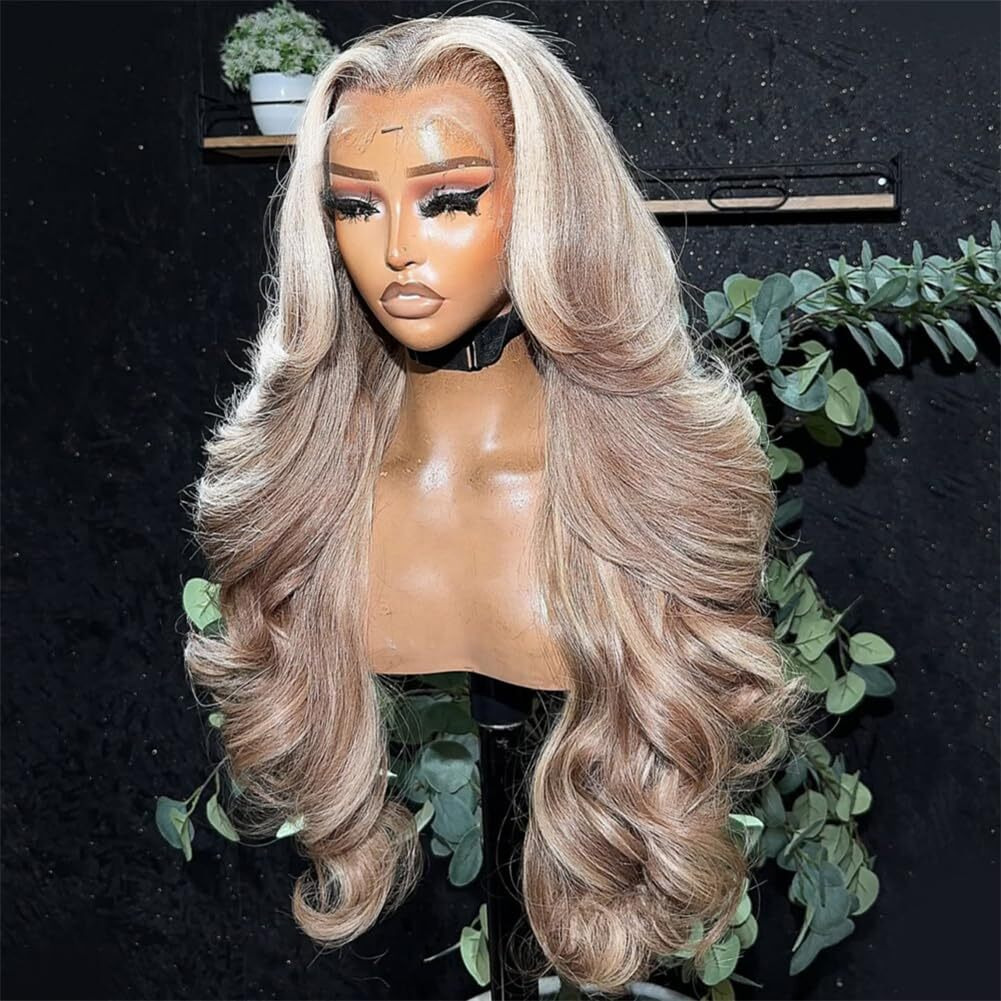 Ash Brown With Skunk Stripe 613 Lace Front Wig Human Hair Summer Choice Fashion 210% Density Body Wave Champagne With Platinum Blonde Highlights 13X4 Lace Front Wig For Women 28 Inch