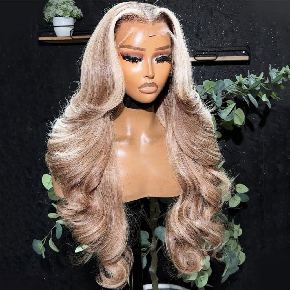 Ash Brown With Skunk Stripe 613 Lace Front Wig Human Hair Summer Choice Fashion 210% Density Body Wave Champagne With Platinum Blonde Highlights 13X4 Lace Front Wig For Women 28 Inch