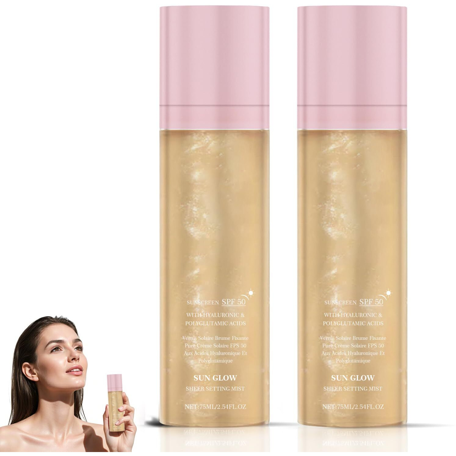 2Pcs Sunglaze Sheer Setting Mist Sunscreen Spf 50, Broad Spectrum Shimmering Face & Body Oil Mist, Hydrating Makeup-Friendly Glow Spray, Non-Greasy & Fast-Absorbing For Face & Body