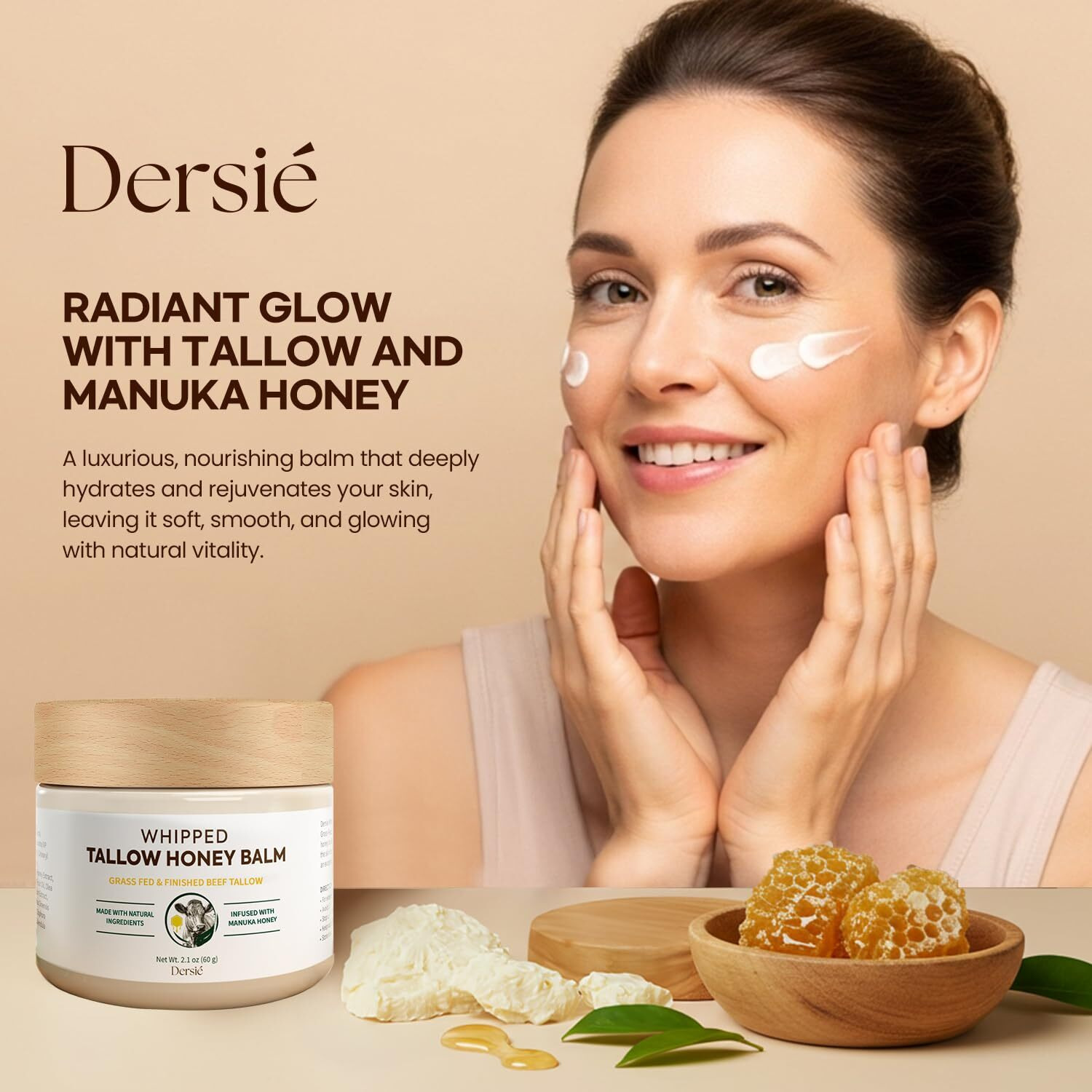 Dersie Tallow And Honey Balm For Face 100% Grass-Fed Whipped Tallow Balm With Manuka Honey For Dry, Sensitive & Mature Skin - Deep Hydration & Soothing - Suitable For Women, Men & Kids (2.1 Oz)
