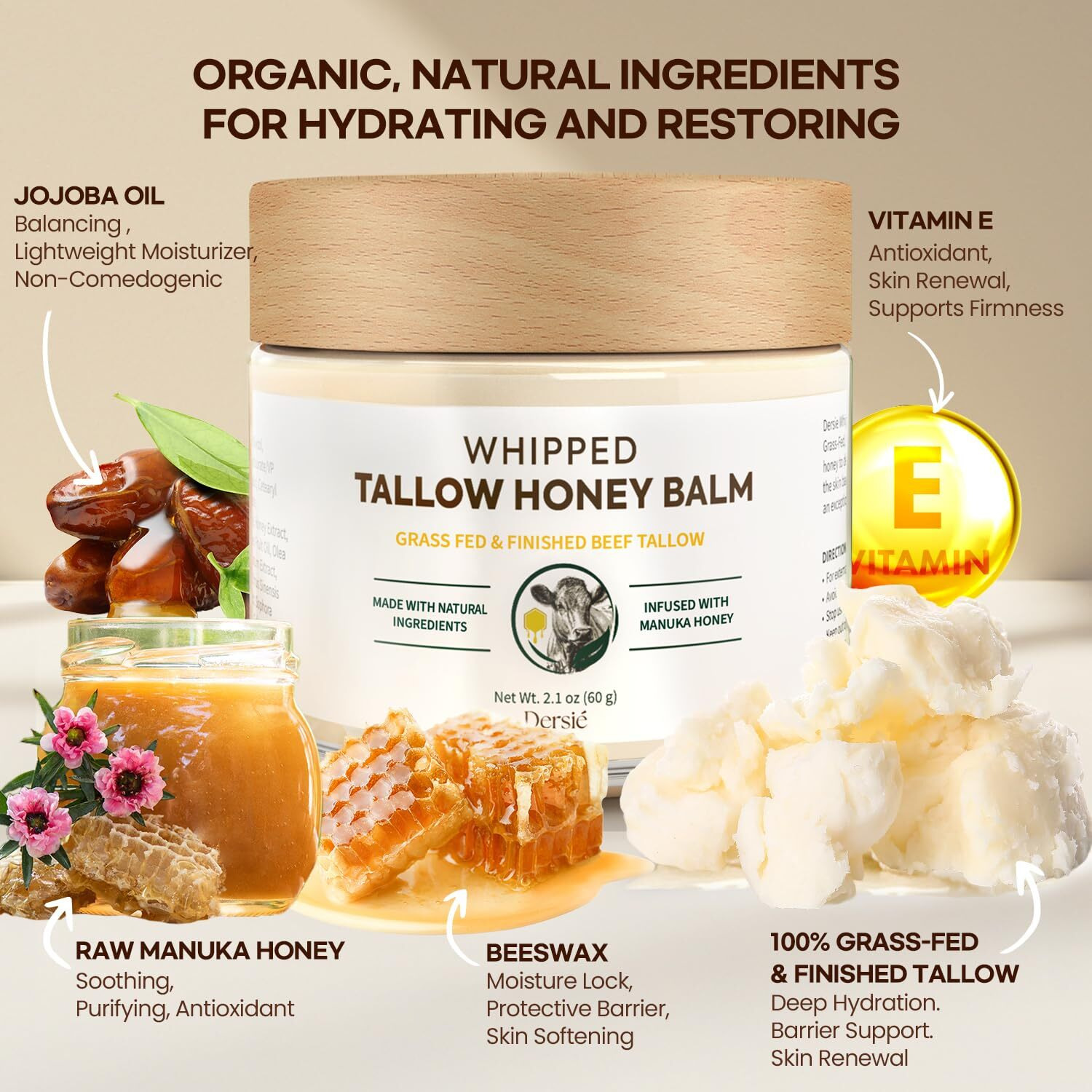 Dersie Tallow And Honey Balm For Face 100% Grass-Fed Whipped Tallow Balm With Manuka Honey For Dry, Sensitive & Mature Skin - Deep Hydration & Soothing - Suitable For Women, Men & Kids (2.1 Oz)