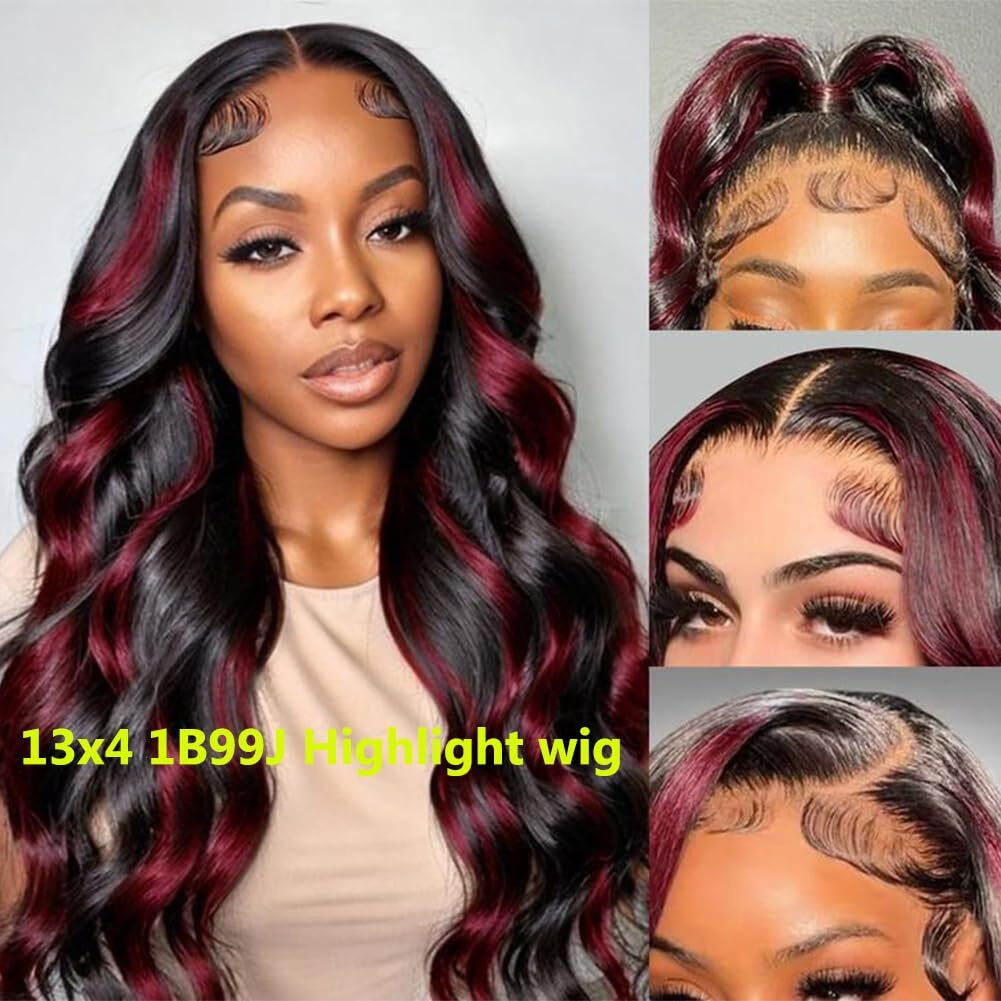 Bestfun 30 Inch Fb/99J Highlight Lace Front Wig Human Hair Pre Plucked 13X4 Hd Lace Wine Red Body Wave Wig 180% Density Glusless Wigs Human Hair For Women