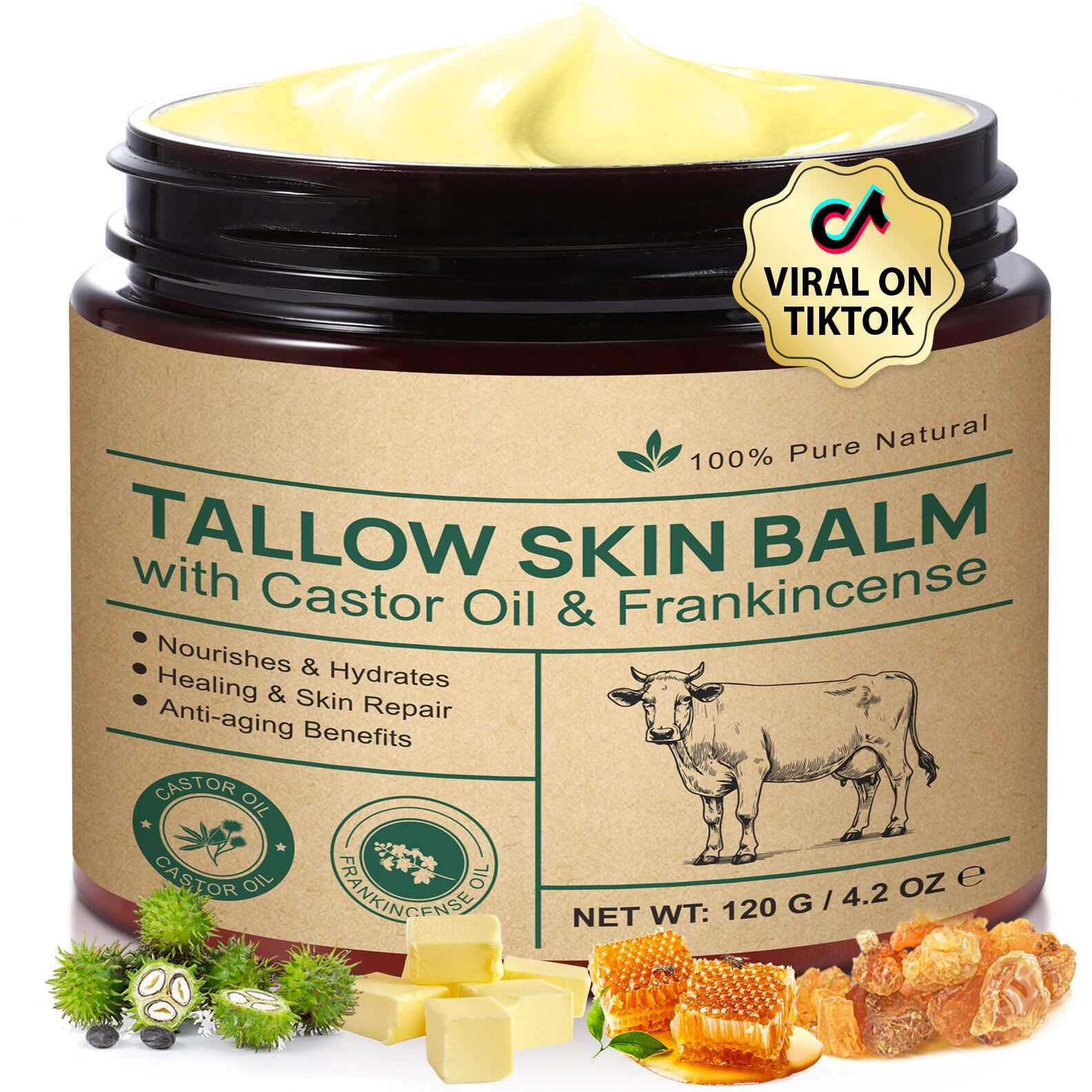 Tallow Cream With Castor Oil And Frankincense,120G,Organic Natural 100% Grass Fed,Whipped Beef Tallow Balm Deeply Moisturizing For Face & Body Care,4.2 Oz