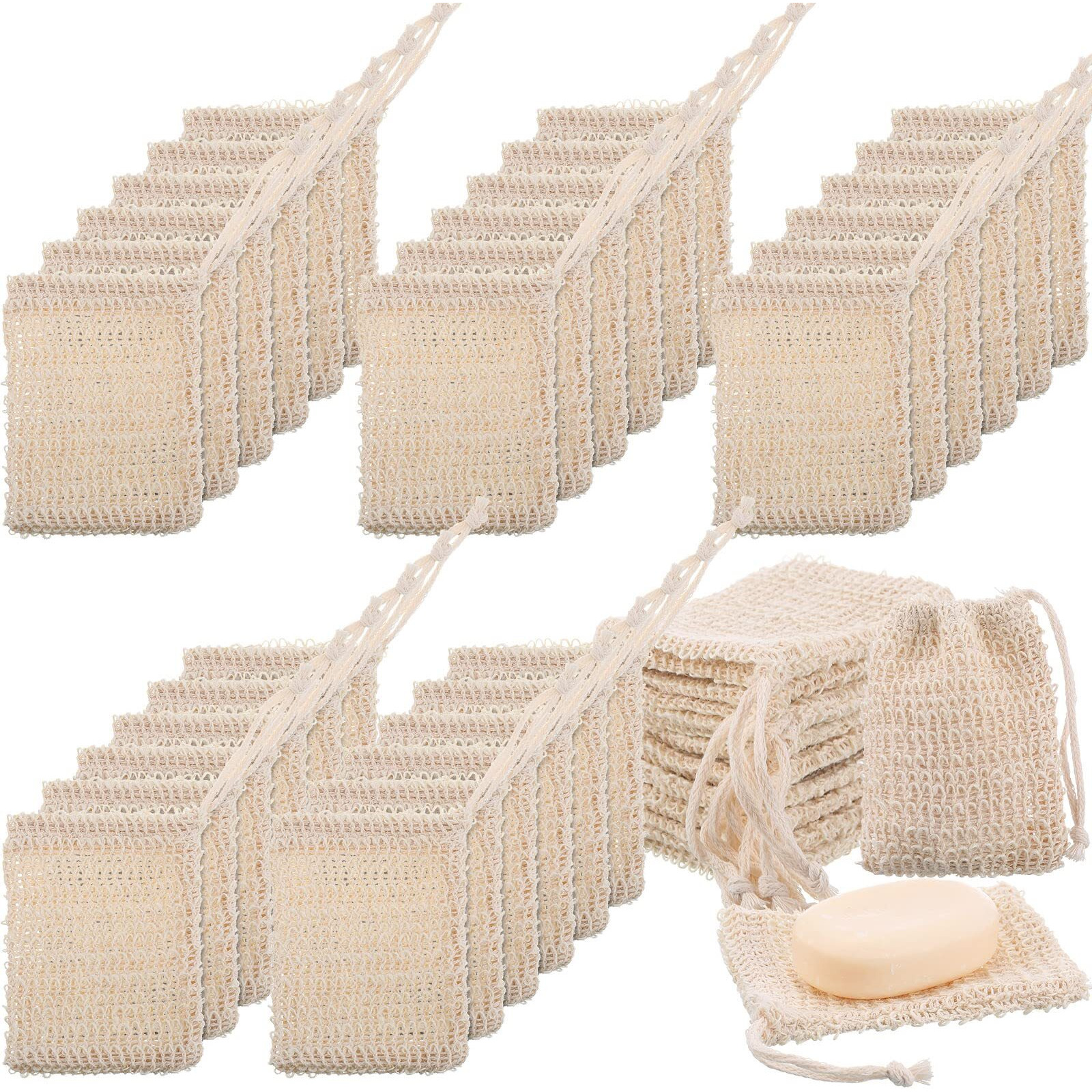 Rtteri 150 Pcs Soap Exfoliating Bag, Natural Sisal Soap Pouch Saver Body Shower Bar Mesh Body Net With Drawstring For Foaming And Drying