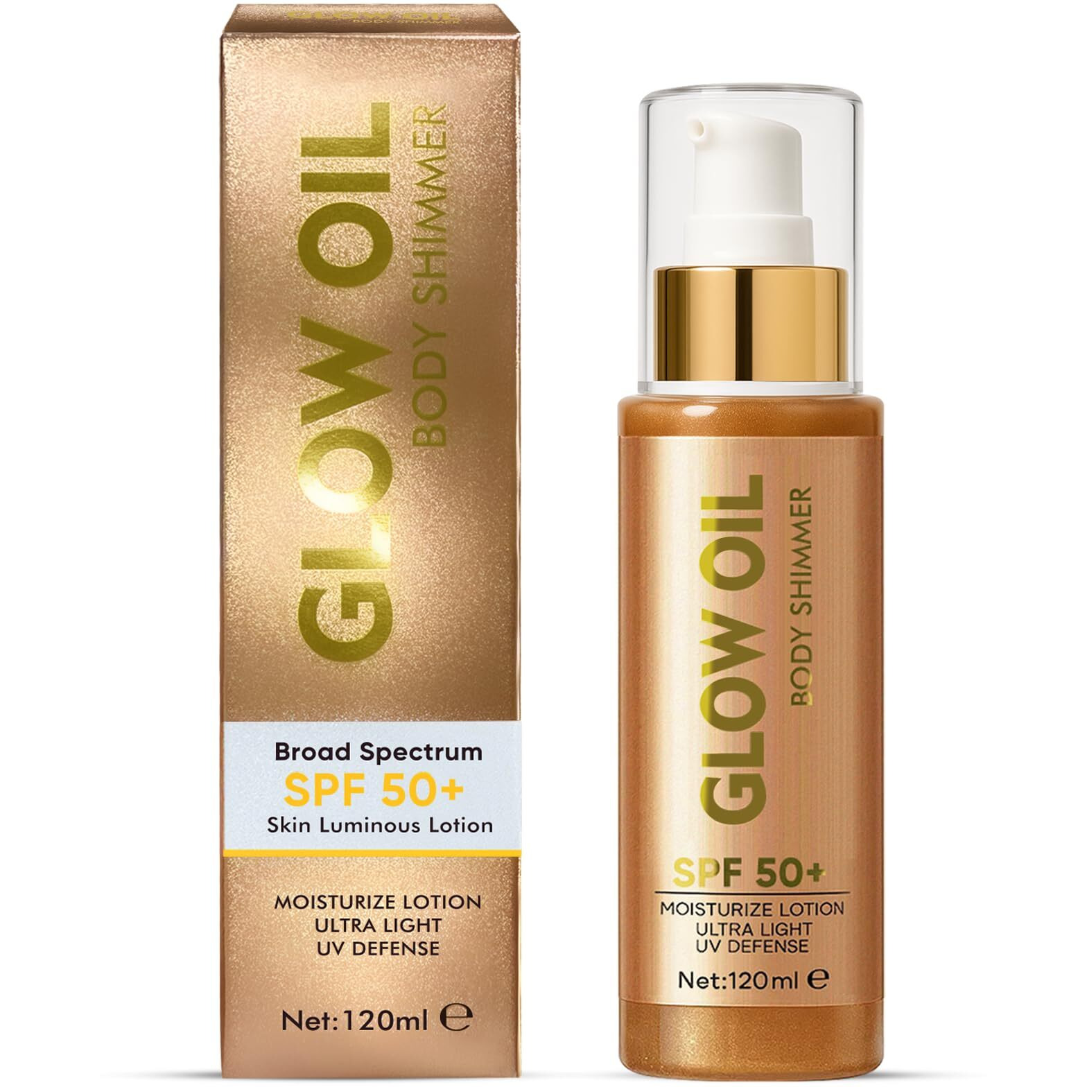 Body Glow Oils ,Body Oil For Women,Lightweight,Non-Sticky, Spf 50 Broad Spectrum Oil With Gold Glitter Particles And Nourishing Coconut, Good For Beach Holidays