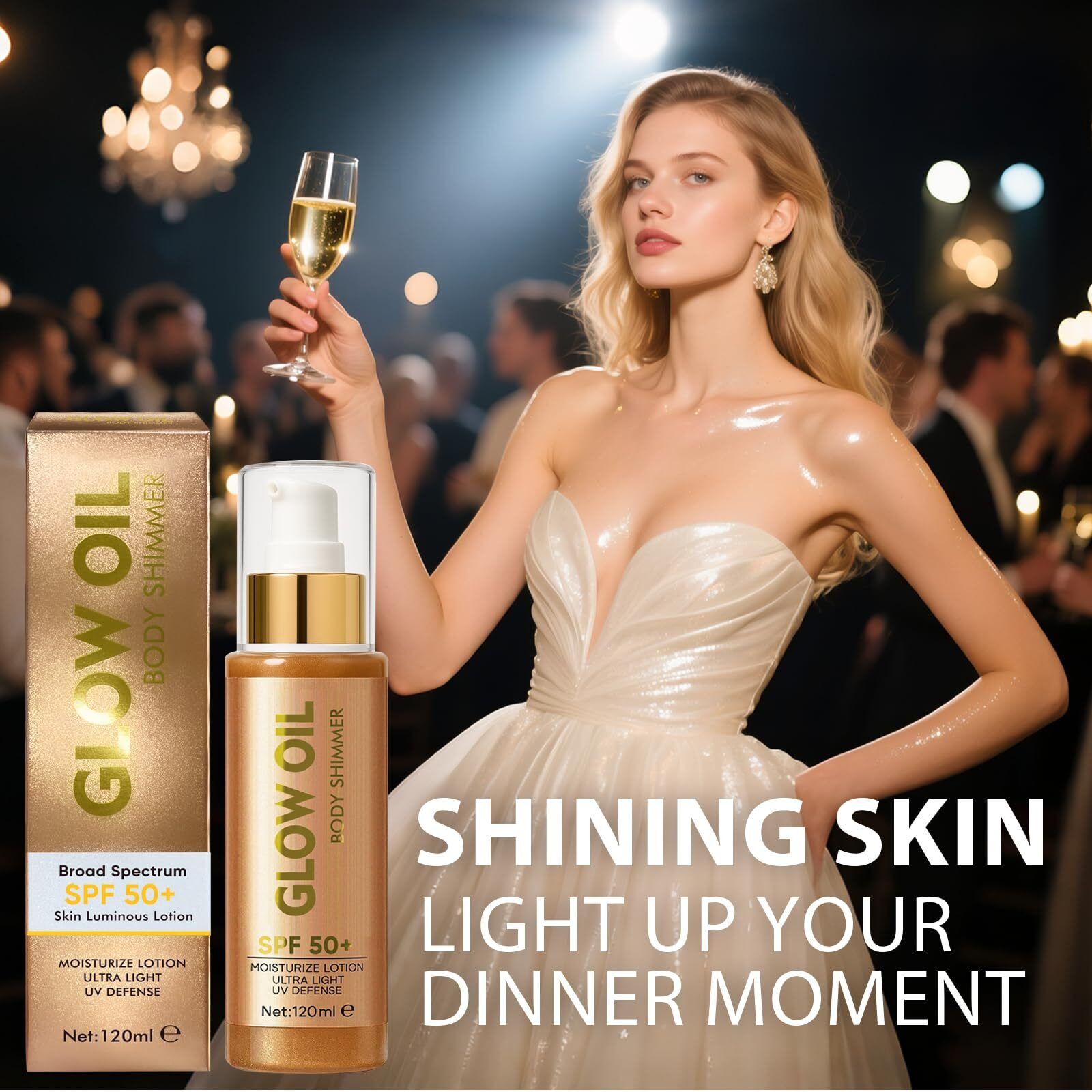 Body Glow Oils ,Body Oil For Women,Lightweight,Non-Sticky, Spf 50 Broad Spectrum Oil With Gold Glitter Particles And Nourishing Coconut, Good For Beach Holidays