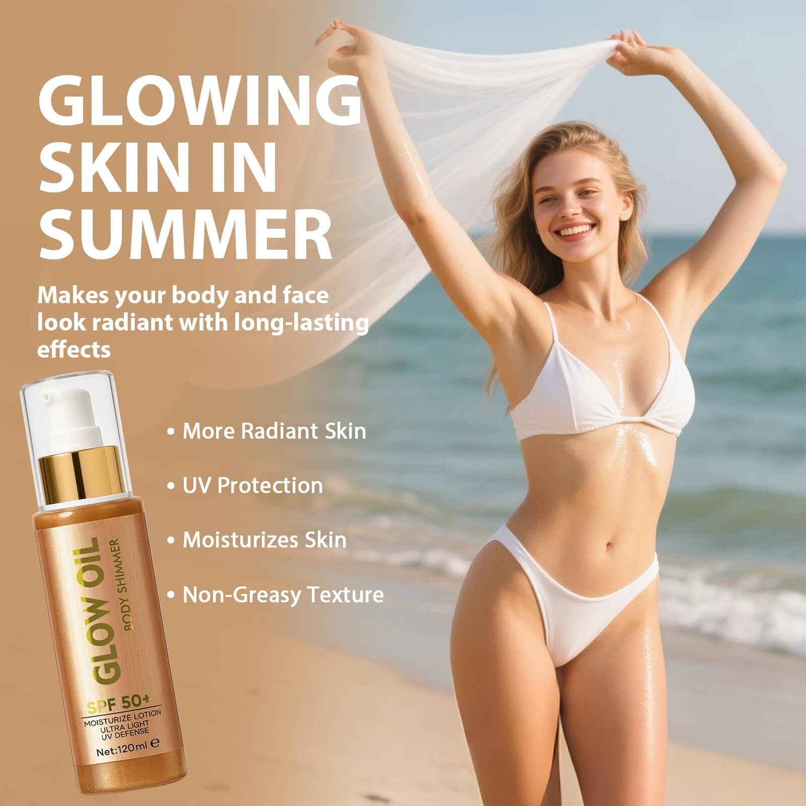 Body Glow Oils ,Body Oil For Women,Lightweight,Non-Sticky, Spf 50 Broad Spectrum Oil With Gold Glitter Particles And Nourishing Coconut, Good For Beach Holidays