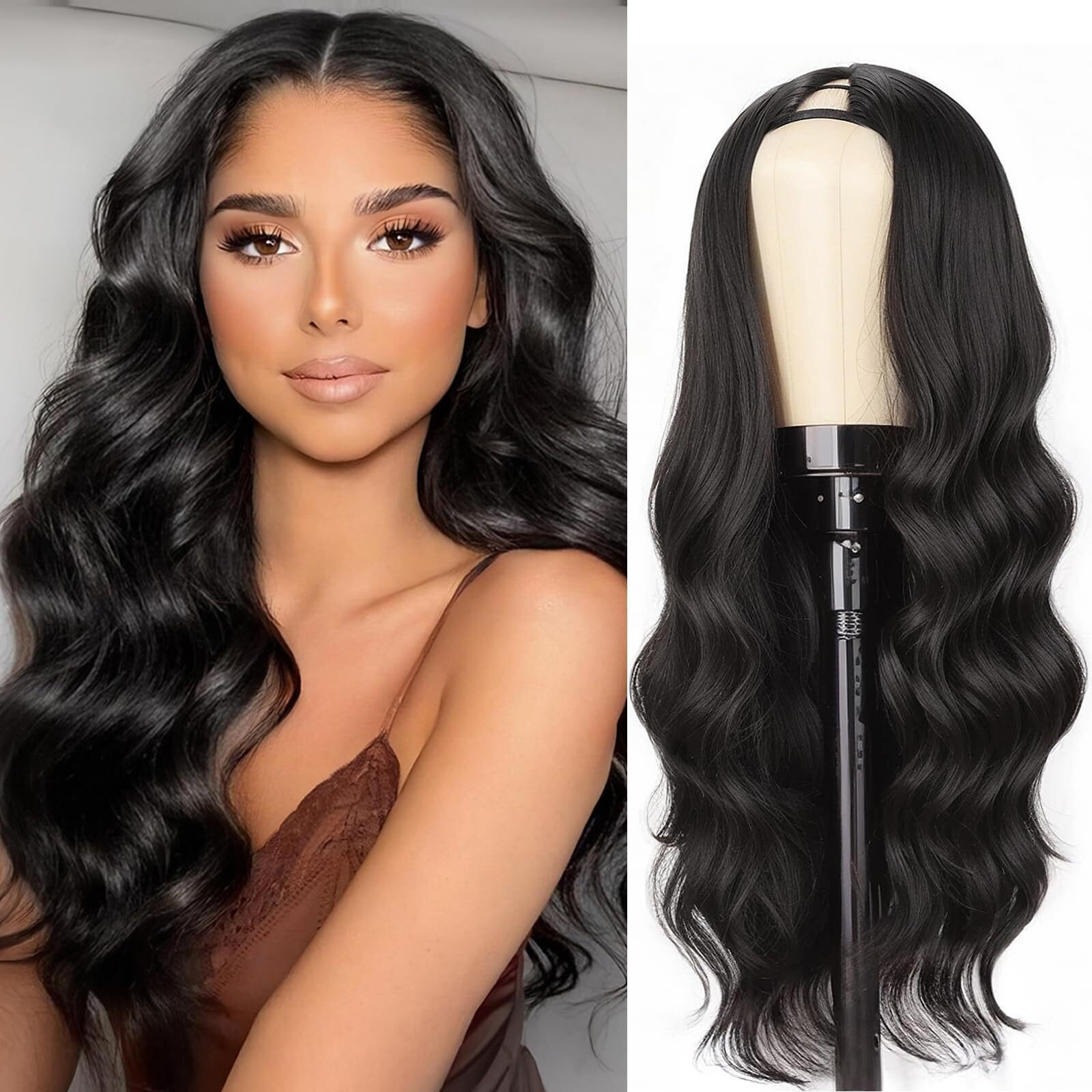 Pisry 24 Inch V Part Wig Body Wave Upgrade U Part Wigs For Black Women Premium Protein Silk Fiber & Human Hair Blended, Clip In V-Part Half Wigs Glueless Wear And Go 180% Density Natural Black