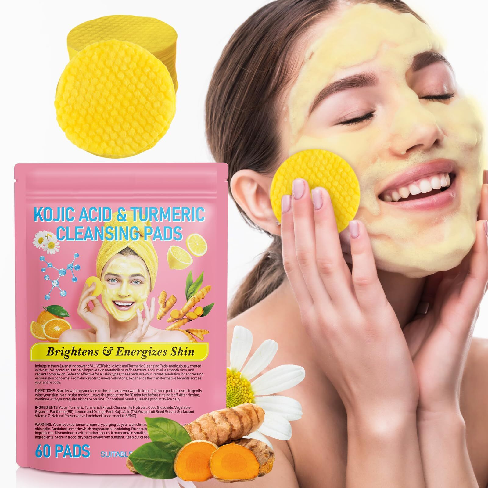 Turmeric Kojic Acid Cleansing Pads For Dark Spots For Face And Body 60 Pcs.
