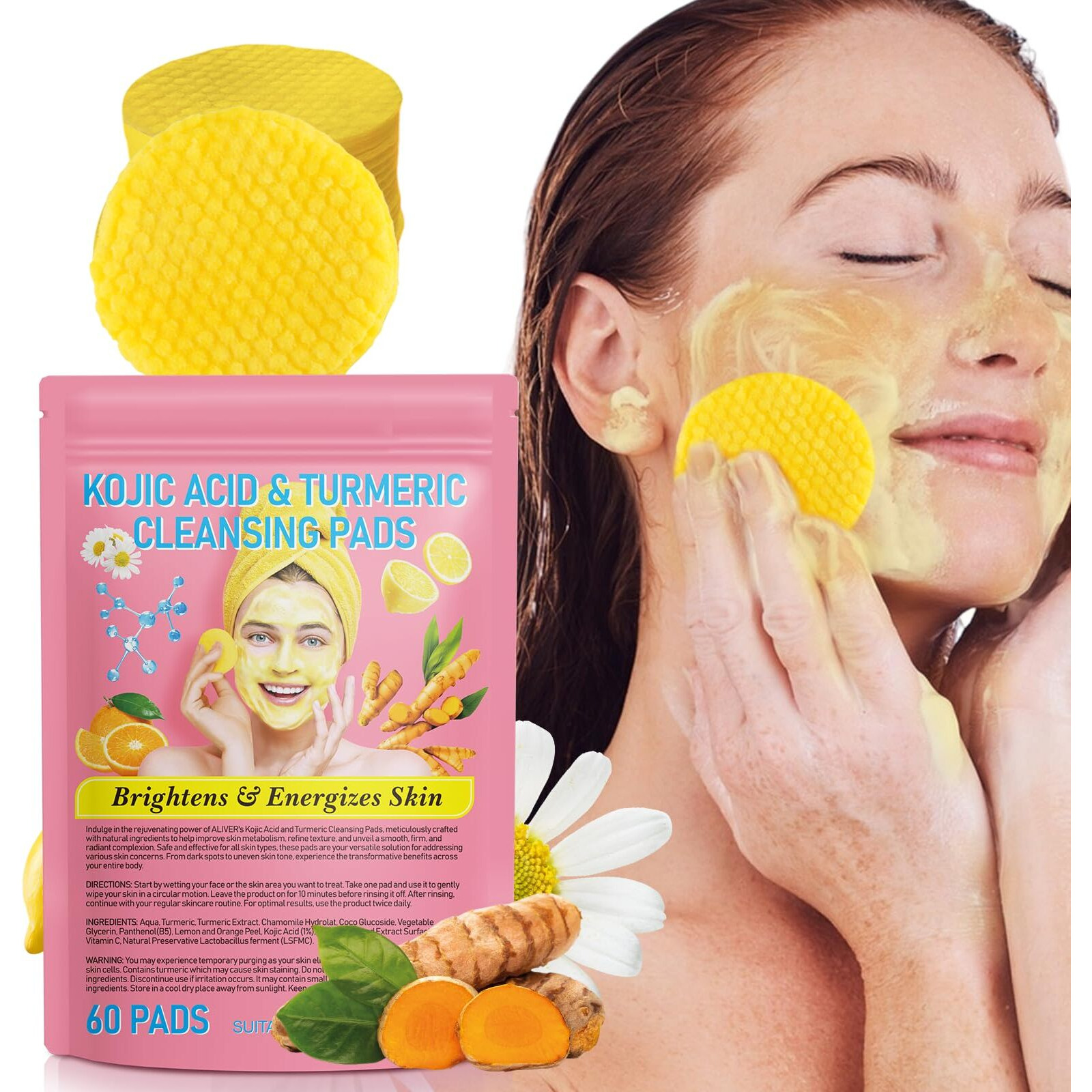 Turmeric Kojic Acid Cleansing Pads For Dark Spots For Face And Body 60 Pcs.