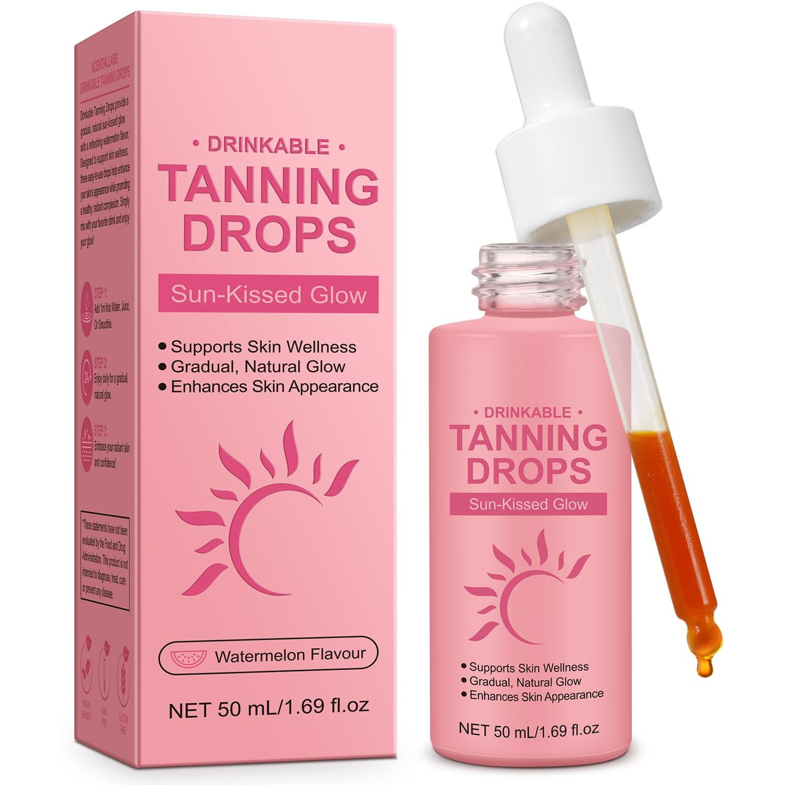 Tanning Drops To Drink, Drinkable Sunless Tanning Drops, Moisturizing Oral Bronzing Supplement With Beta-Carotene & Vitamins For Healthy Glow, Face & Body, 1.69 Fl Oz