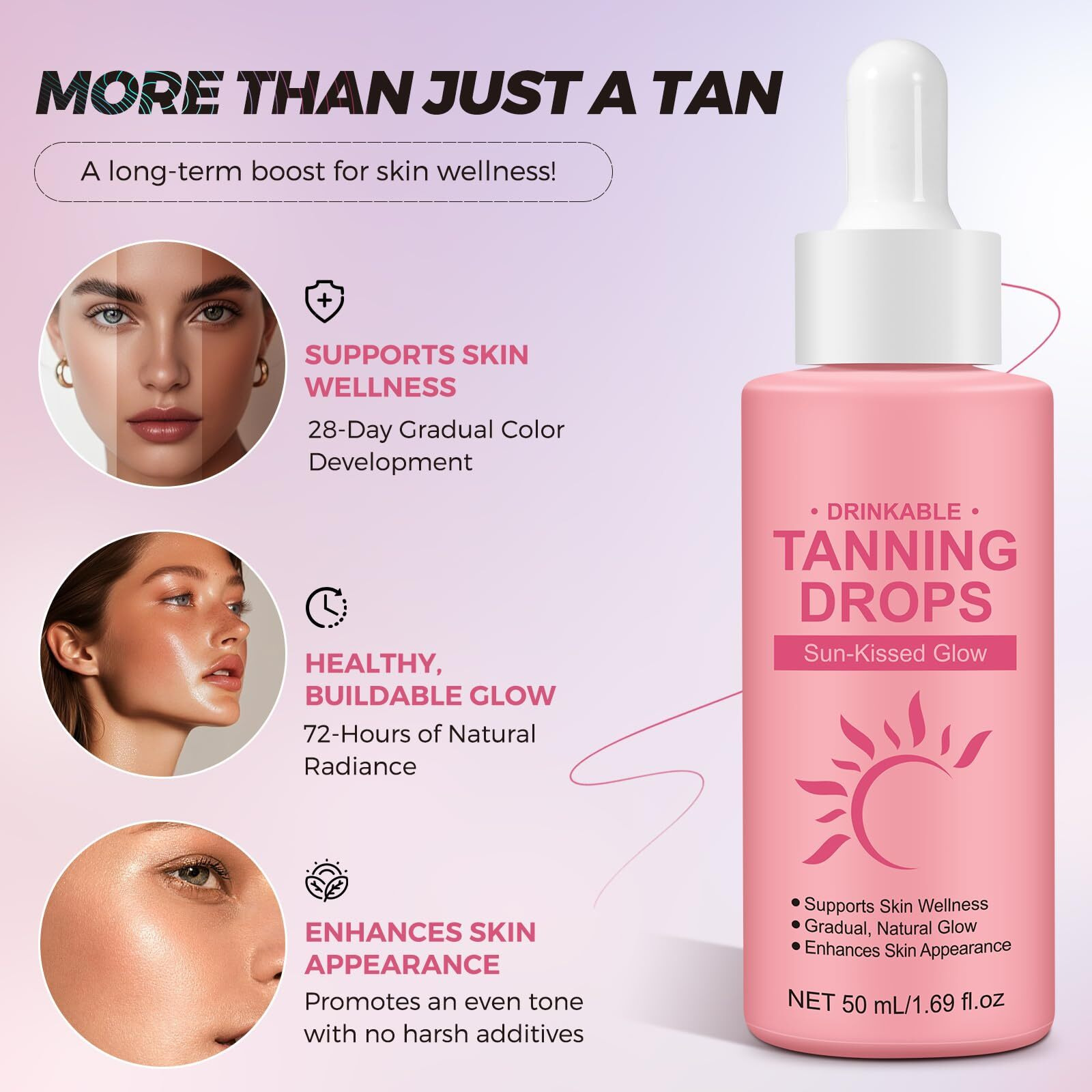 Tanning Drops To Drink, Drinkable Sunless Tanning Drops, Moisturizing Oral Bronzing Supplement With Beta-Carotene & Vitamins For Healthy Glow, Face & Body, 1.69 Fl Oz