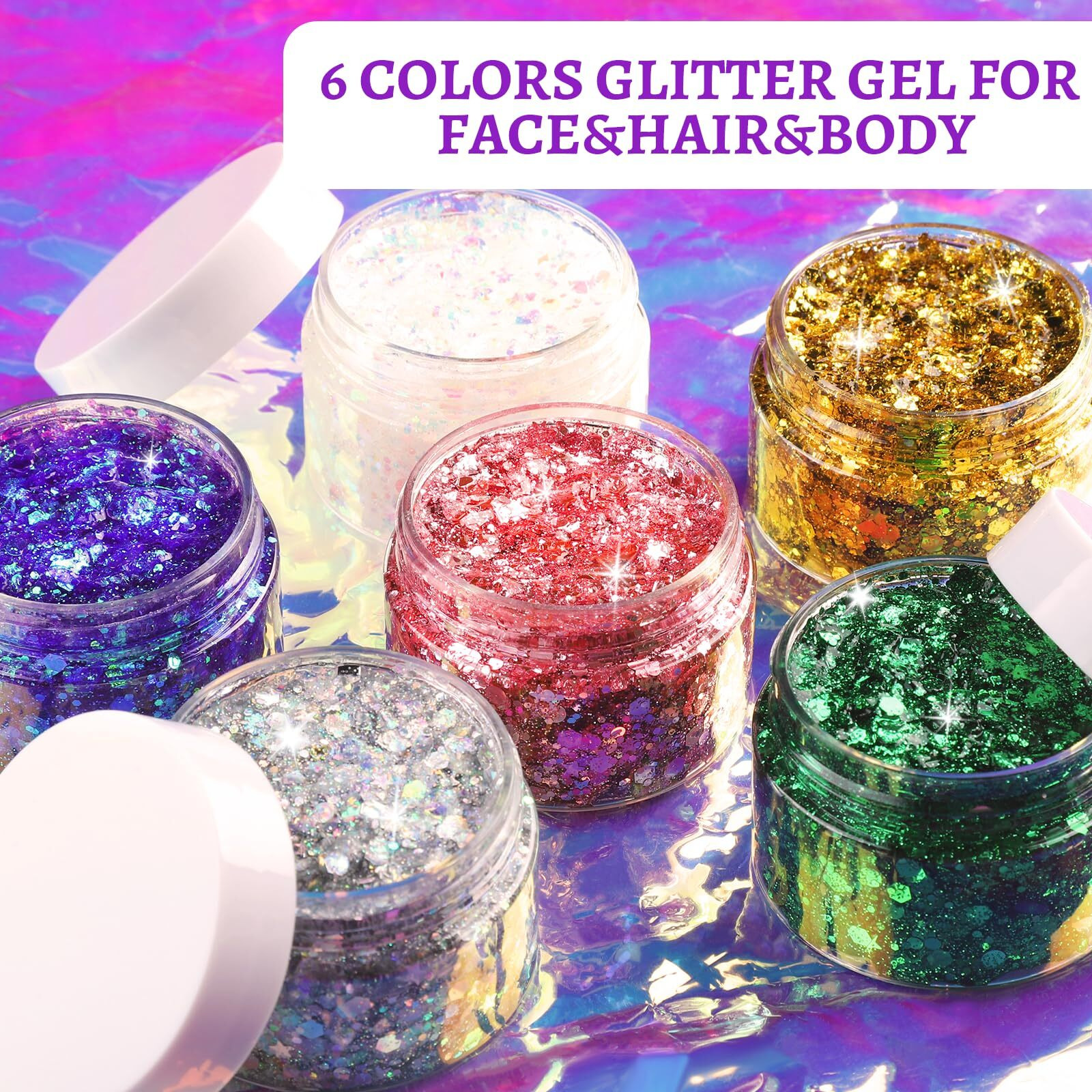 Fandamei Body Glitter Gel- 6 Color Glitter Makeup Face Paint For Body&Face&Hair, Rave Festival Mermaid Halloween Concert, Hair Glitter For Kids & Women