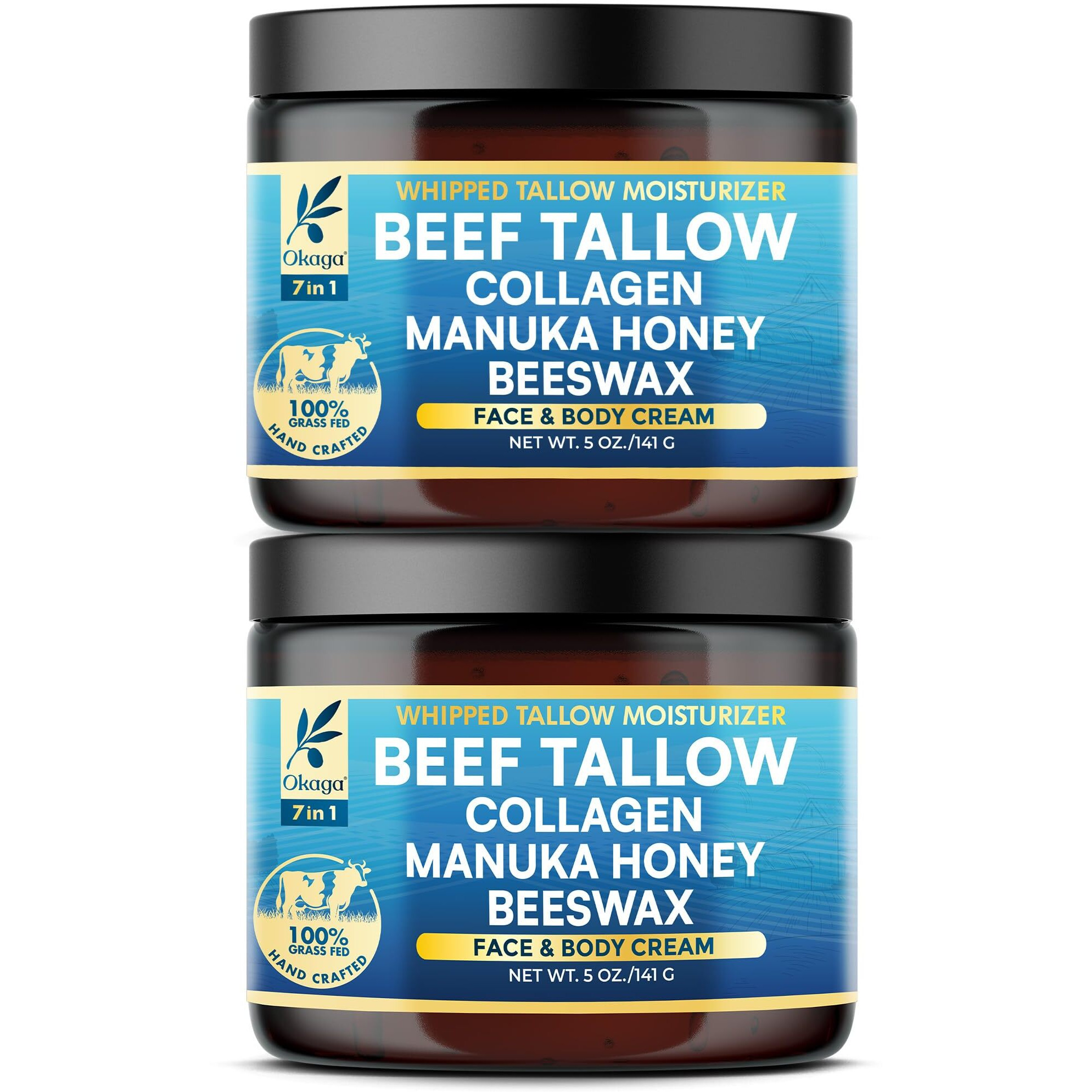 Okaga Beef Tallow For Skin, Organic Grass-Fed Beef Tallow Balm With Manuka Honey, Aloe Vera, Jojoba Oil, Collagen & Beeswax, Olive Oil, Moisturizer For Dry Skin, Nourishes Face, Body & Lips (2 Pack)