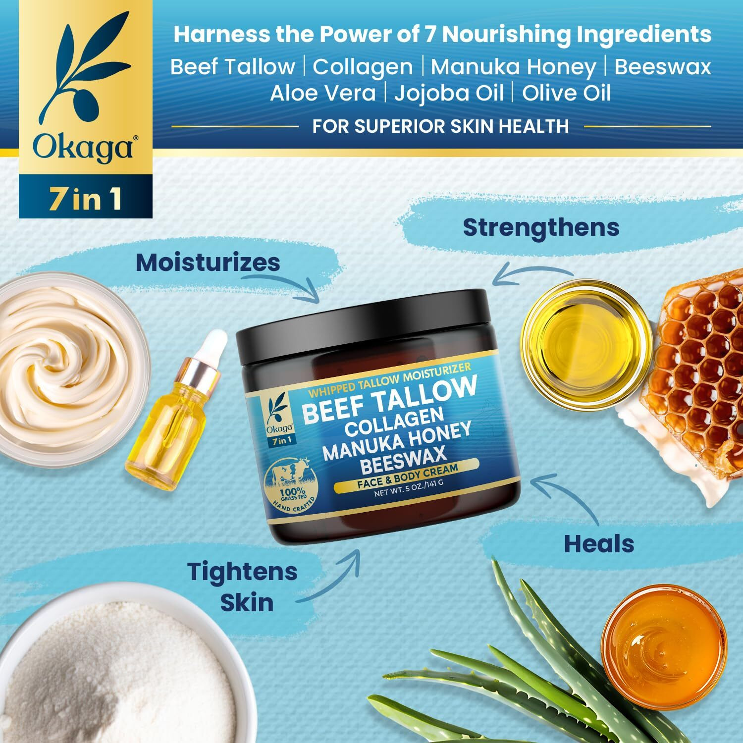 Okaga Beef Tallow For Skin, Organic Grass-Fed Beef Tallow Balm With Manuka Honey, Aloe Vera, Jojoba Oil, Collagen & Beeswax, Olive Oil, Moisturizer For Dry Skin, Nourishes Face, Body & Lips (2 Pack)