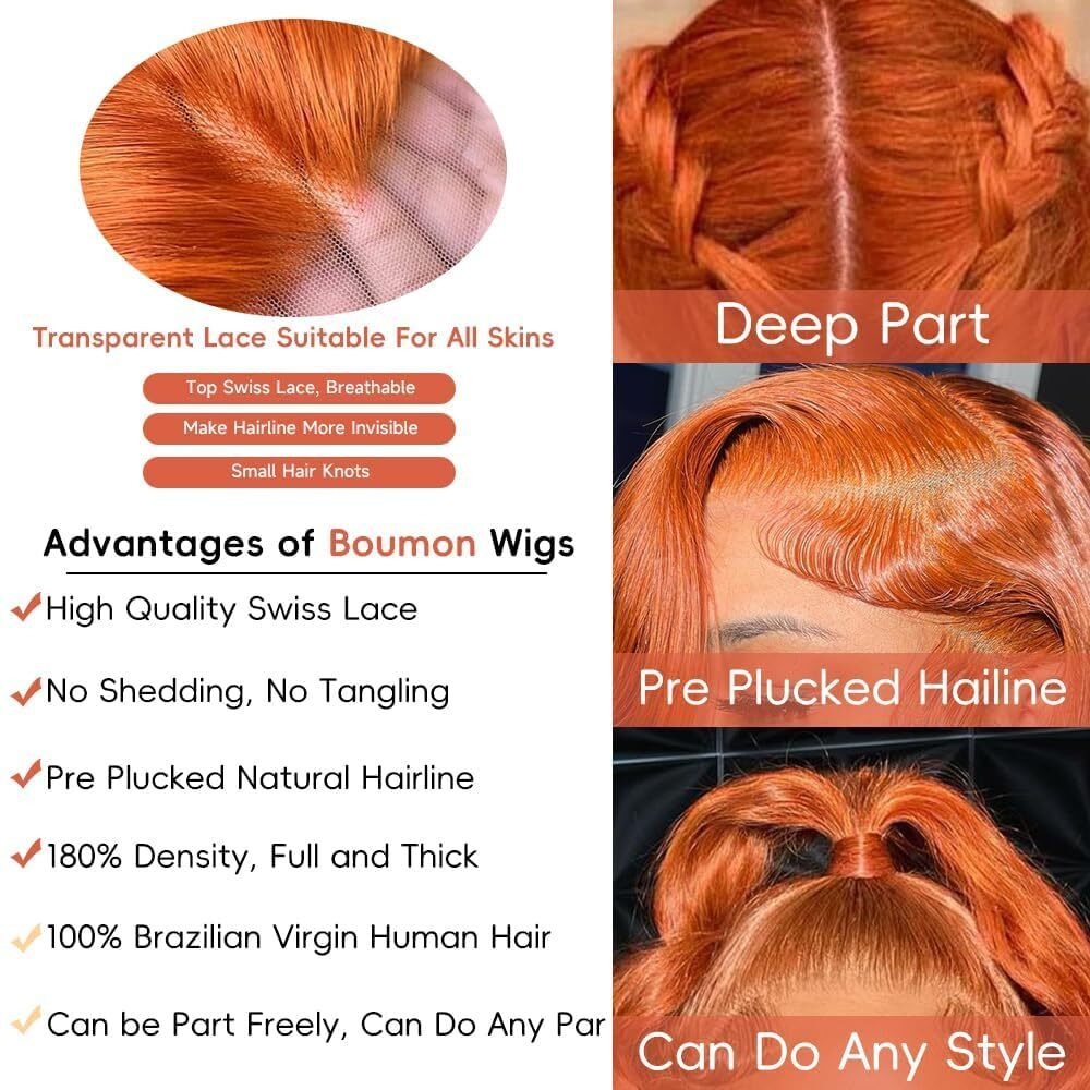 Dliliboon Wear And Go Orange Colored 9X6 Glueless Lace Wigs Human Hair Pre Cut For Beginners Ginger Body Wave Lace Front Wigs Human Hair For Women Hd Lace Closure Colored Glueless Wig