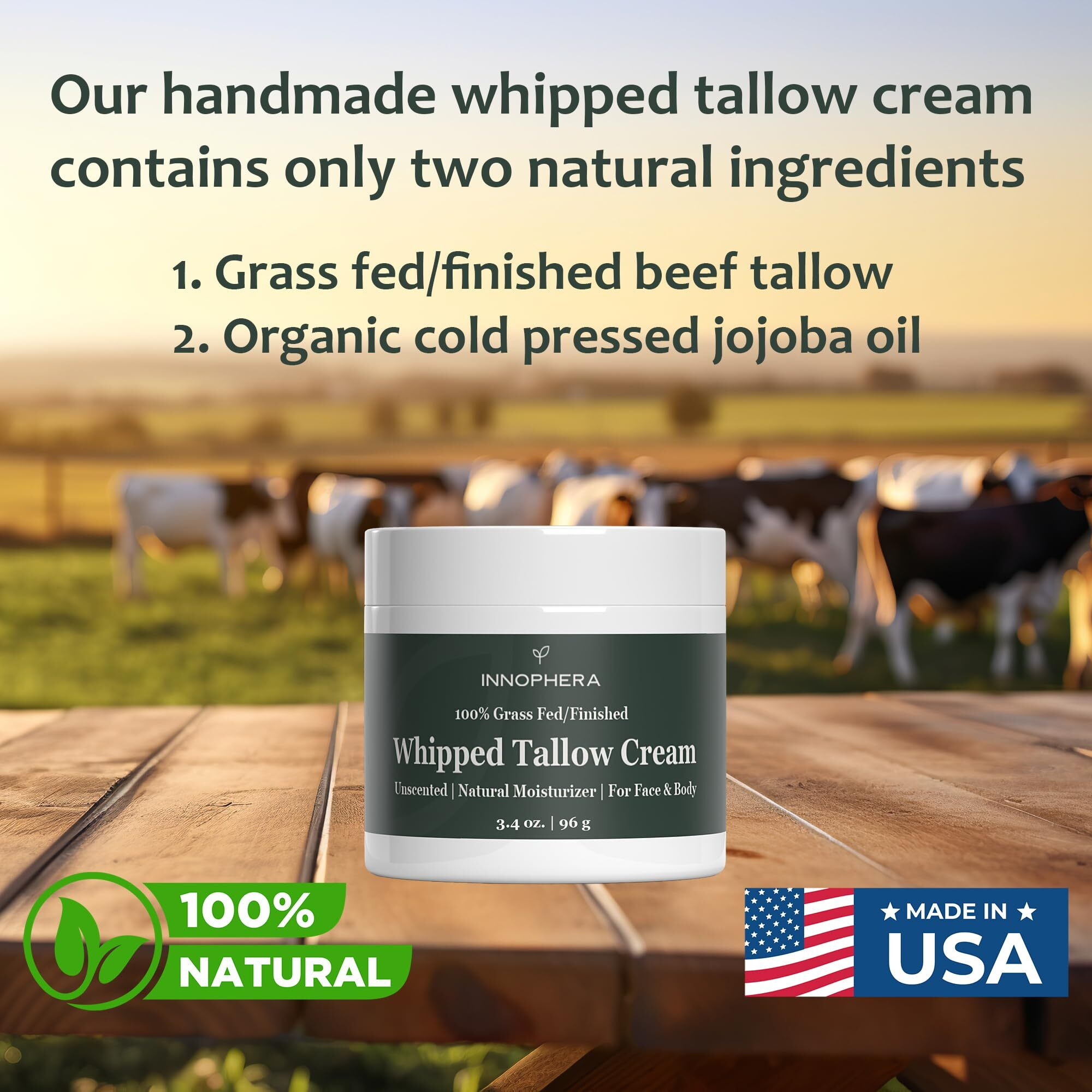 Innophera Whipped Beef Tallow Cream For Skin Care - Grass Fed & Grass Finished - 100% Natural Moisturizer For Sensitive Skin - Handmade Face & Body Lotion - Unscented & Odorless - 3.4 Oz.