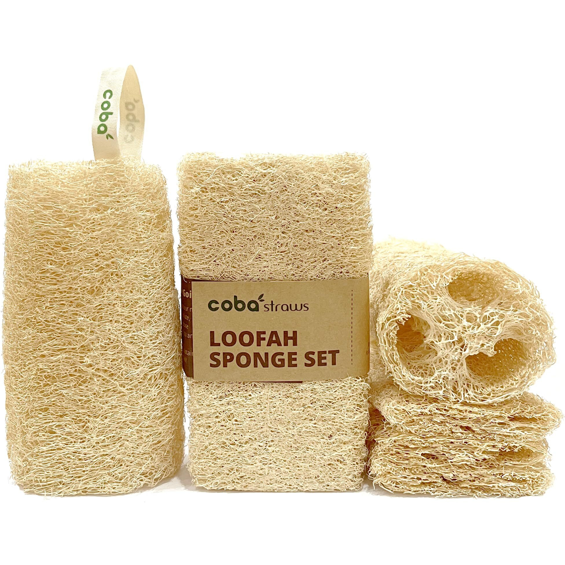 Coba Straws Natural Loofah Sponge - Shower Loofah Exfoliating Body Scrubber For Women & Men | Multi-Use Sponge For Shower, Spa, Kitchen, Pet | 100% Natural, Dye-Free, Eco-Friendly | Pack Of 4