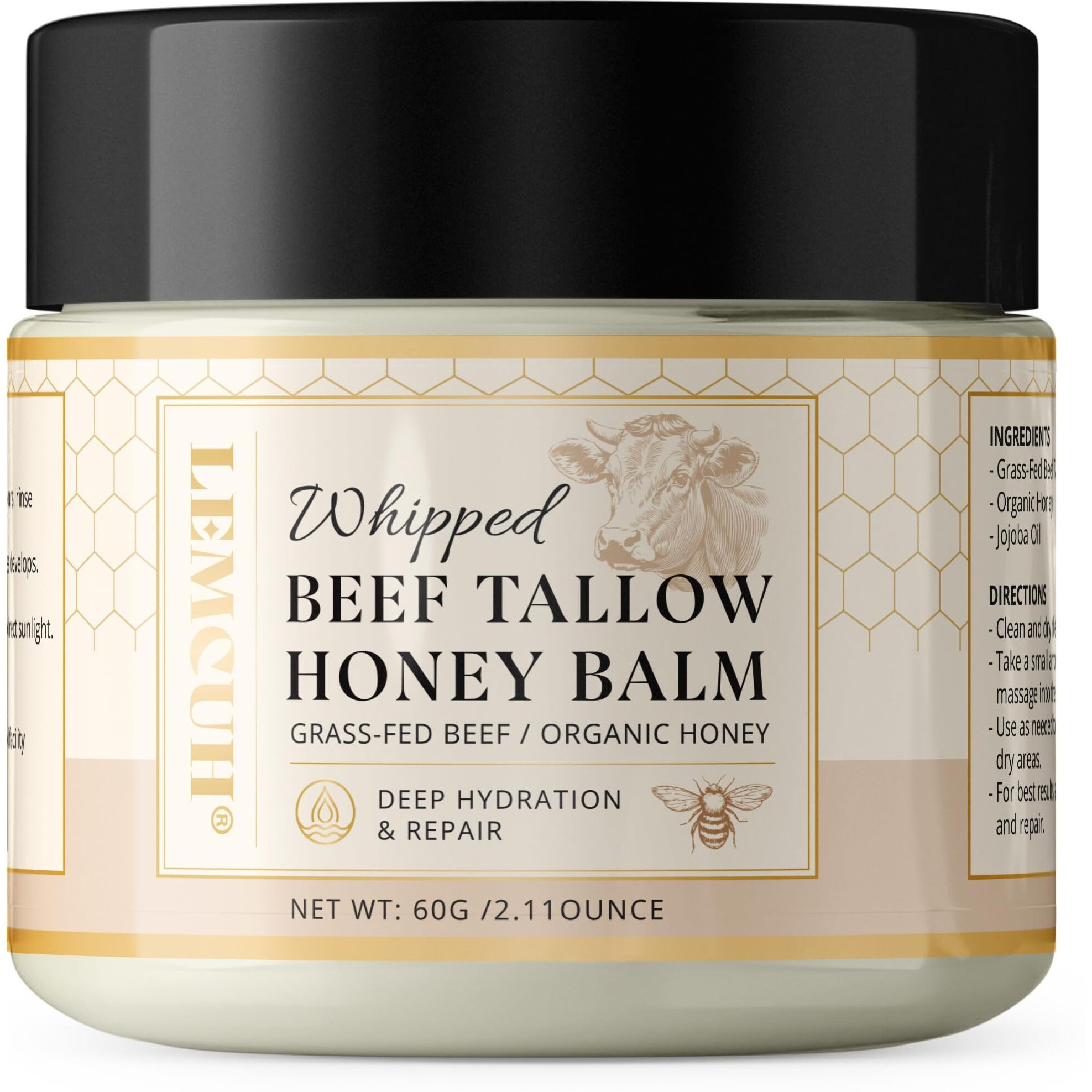 Lemcuh Beef Tallow & Honey Balm For Mature Skin - Repair Moisturizer With Jojoba Oil & Vitamin E - Natural Tallow Cream For Fragile, Dry Or Aging Skin - Unscented, Non-Greasy, 2Oz