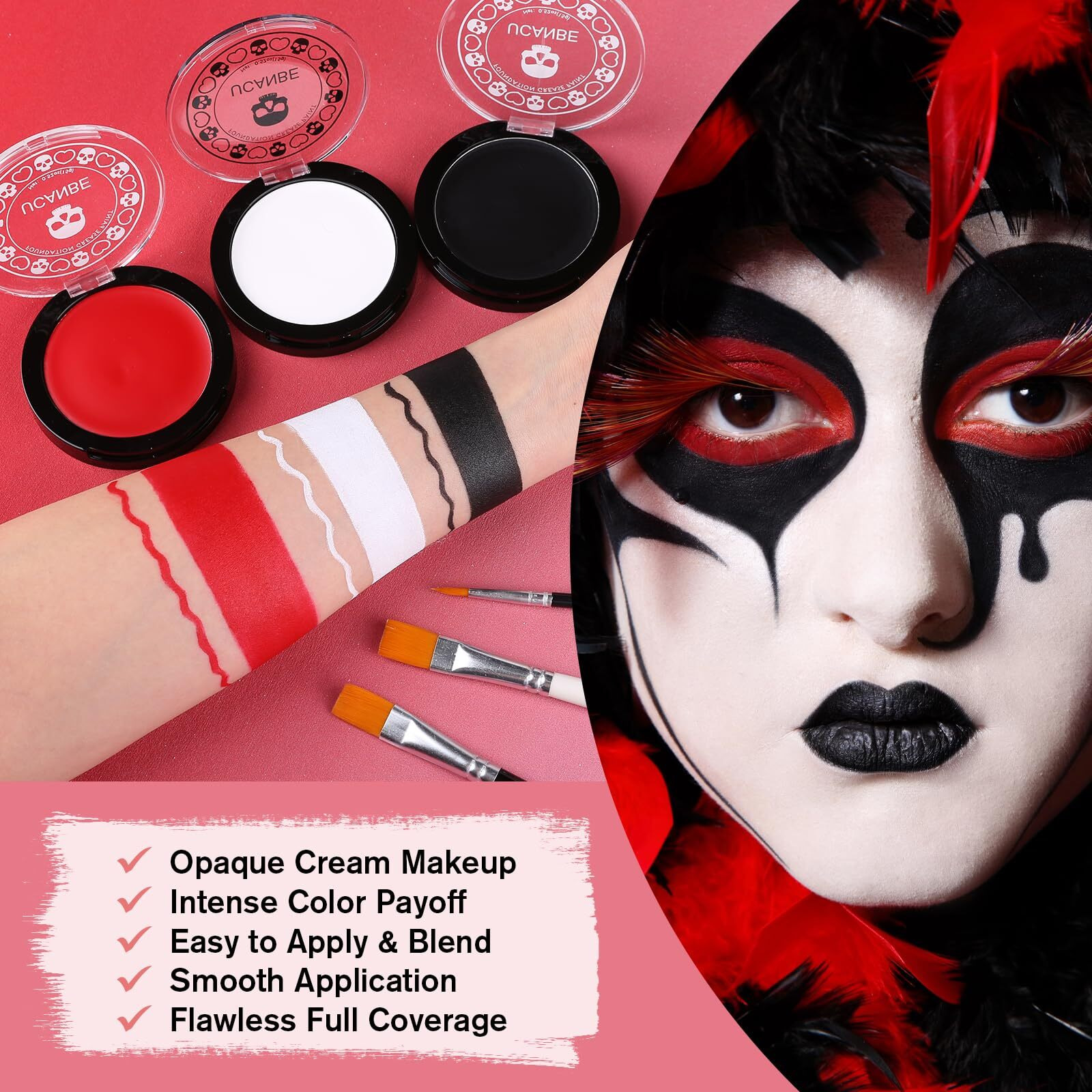 Goth White Foundation + Black Red Face Body Paint For Halloween Makeup, Face Painting Kit With Brushes Facepaint Set For Kids Adults Clown Vampire Skull Sfx Make Up Costume Cosplay Party Theater Stage