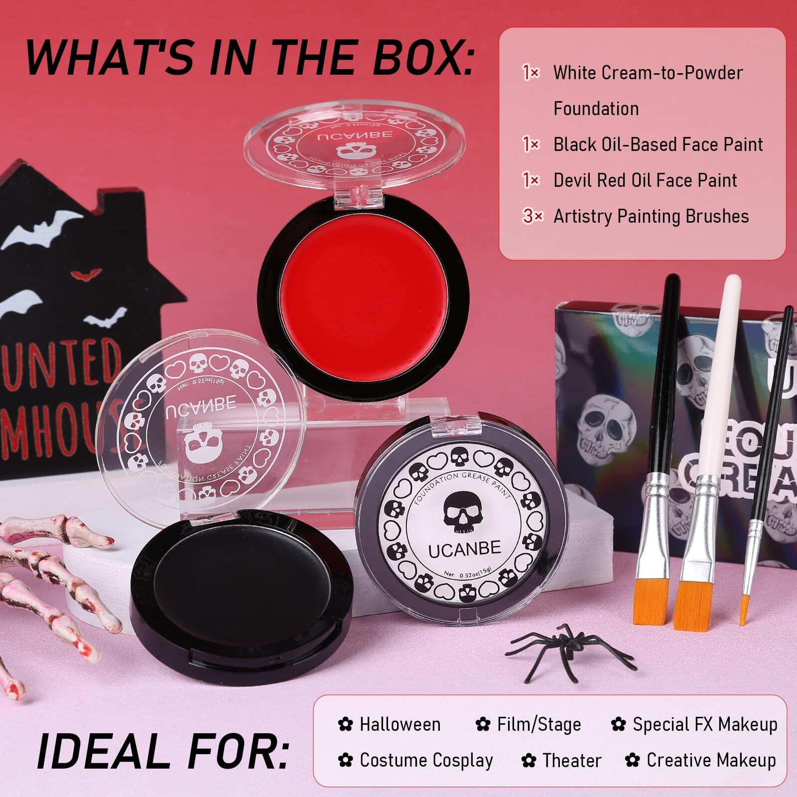 Goth White Foundation + Black Red Face Body Paint For Halloween Makeup, Face Painting Kit With Brushes Facepaint Set For Kids Adults Clown Vampire Skull Sfx Make Up Costume Cosplay Party Theater Stage
