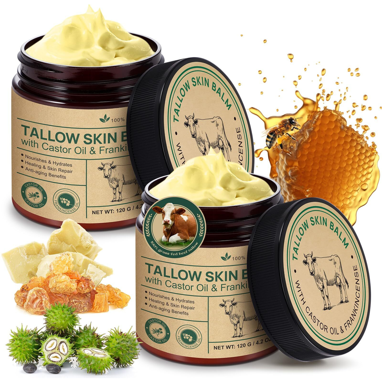 2 Pcak Beef Tallow Cream With Castor Oil And Frankincense, 100% Grass-Fed Tallow For Skin Care, Face & Body Moisturizer For Skin, Sensitive Skin & Dry Skin Age Defying, Eczema All-Purpose Balm