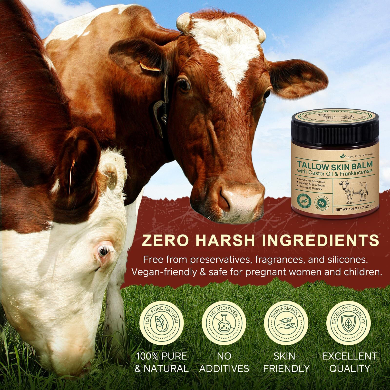 2 Pcak Beef Tallow Cream With Castor Oil And Frankincense, 100% Grass-Fed Tallow For Skin Care, Face & Body Moisturizer For Skin, Sensitive Skin & Dry Skin Age Defying, Eczema All-Purpose Balm