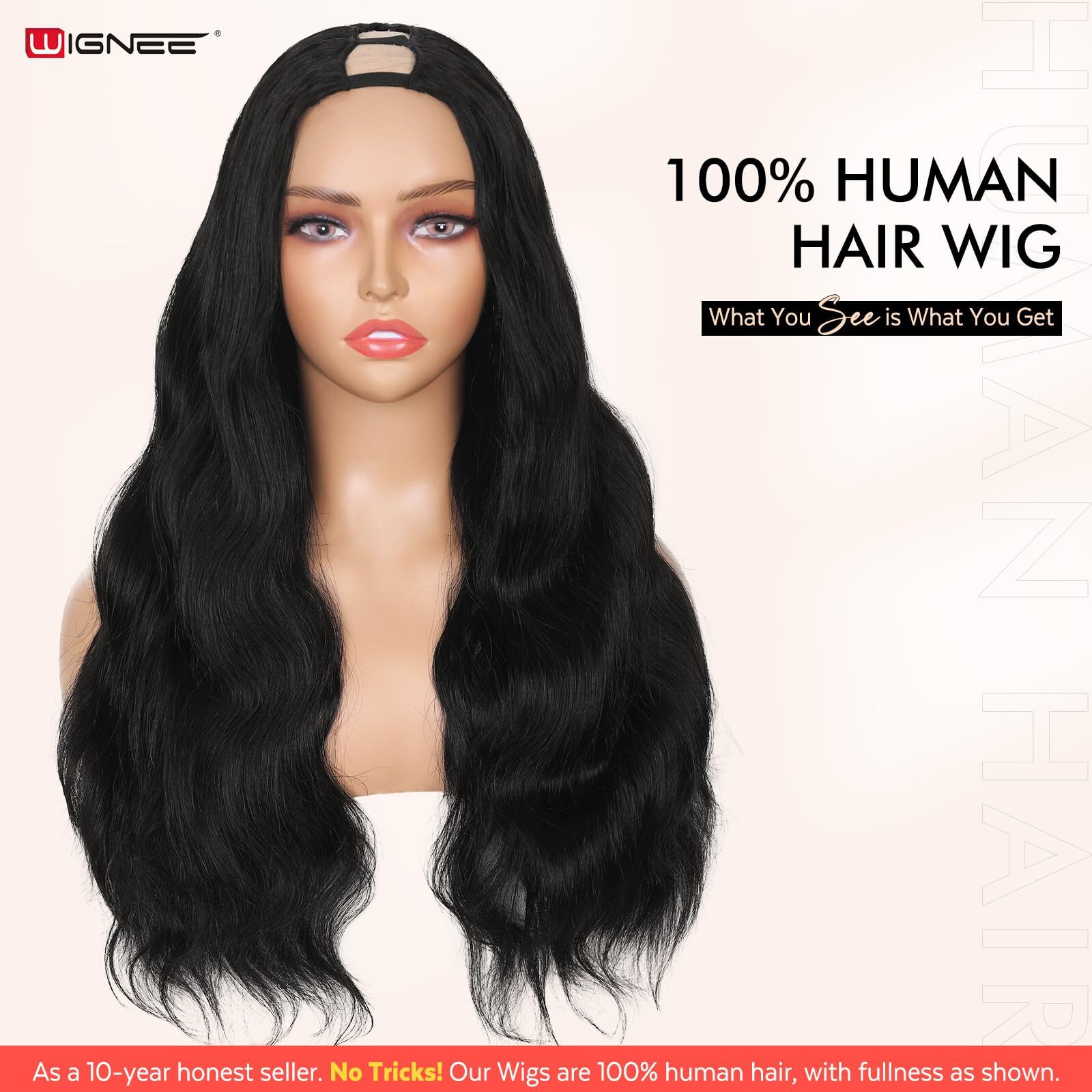 Wignee True Length 22 Inch Body Wave V Part Human Hair Wig 100% Unprocessed 12A Grade Brazilian Virgin Hair U Part Human Hair Body Wave Glueless Wigs For Black Women 200% Density Natural Black Color