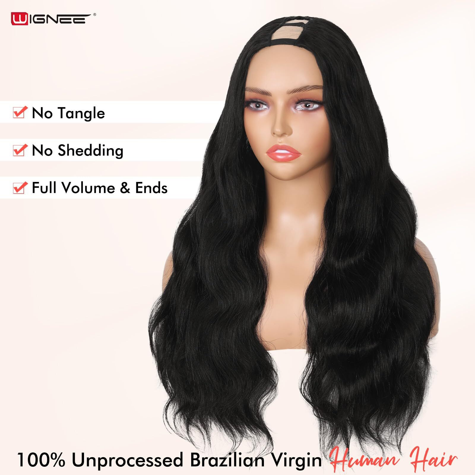 Wignee True Length 22 Inch Body Wave V Part Human Hair Wig 100% Unprocessed 12A Grade Brazilian Virgin Hair U Part Human Hair Body Wave Glueless Wigs For Black Women 200% Density Natural Black Color