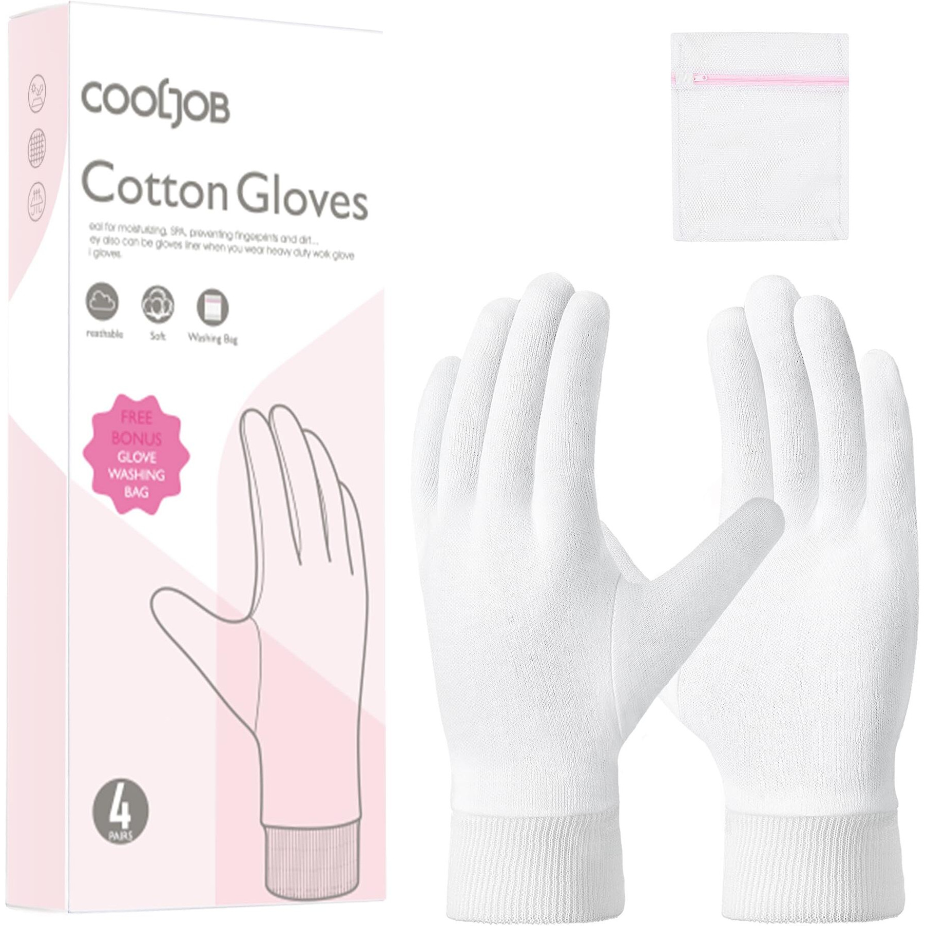 Cooljob 4 Pairs Soft Moisturizing Cotton Gloves Set With Stretch Elastic Cuff, Overnight Lotion Sleeping Gloves For Dry Hands, Eczema Skin, Beauty Women Spa Essentials, Medium, White