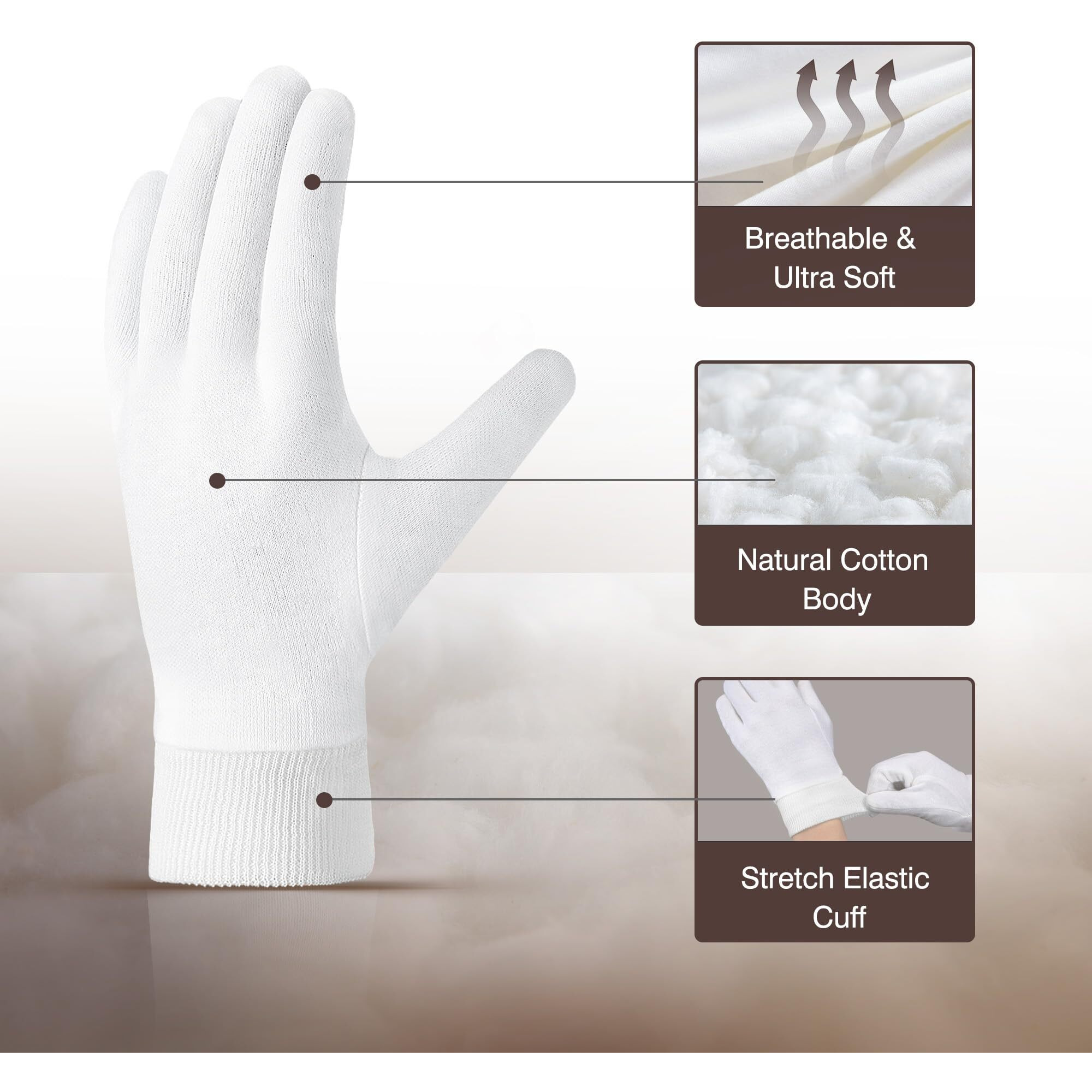 Cooljob 4 Pairs Soft Moisturizing Cotton Gloves Set With Stretch Elastic Cuff, Overnight Lotion Sleeping Gloves For Dry Hands, Eczema Skin, Beauty Women Spa Essentials, Medium, White