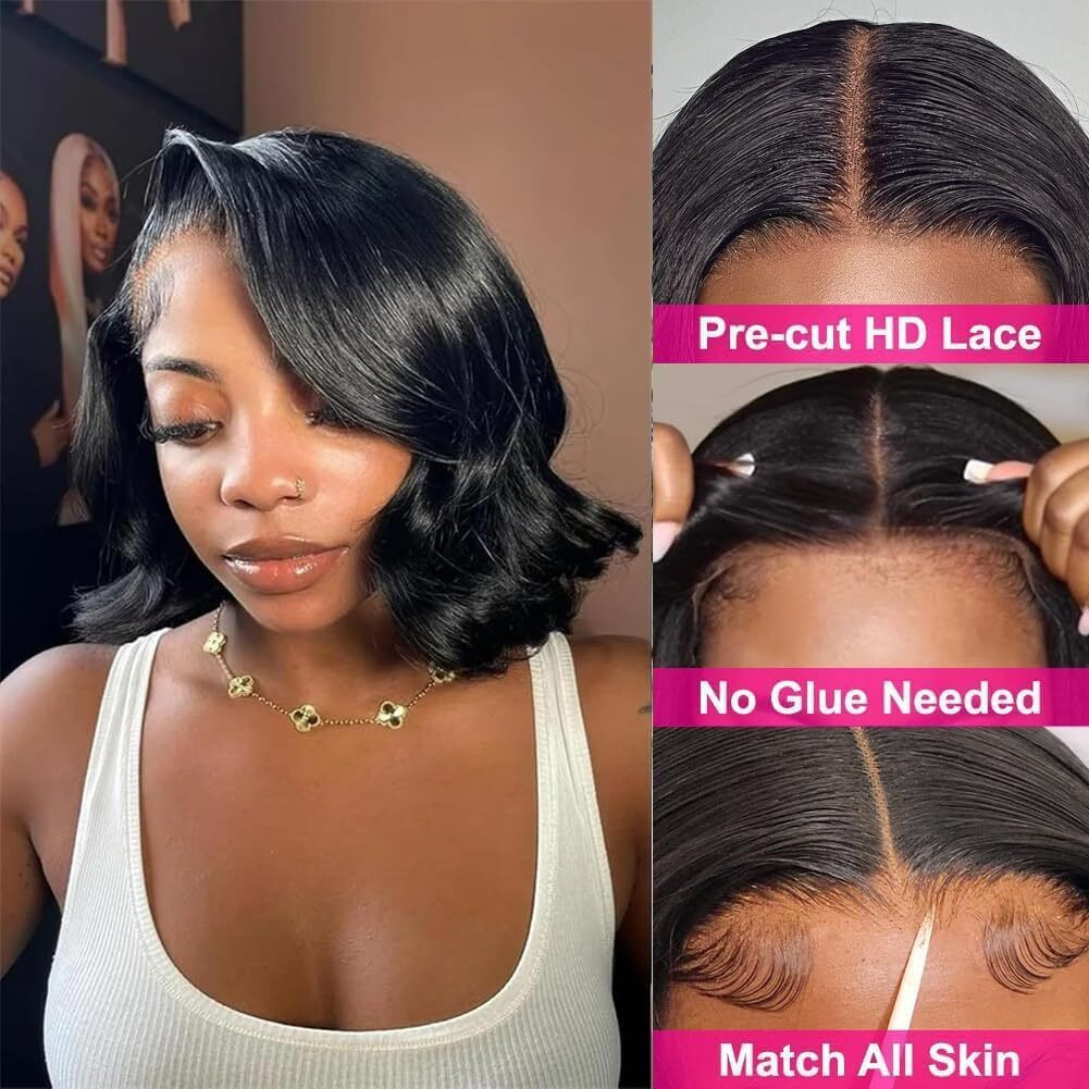 Wear And Go Glueless Wigs Human Hair Pre Plucked Pre Cut 4X4 Hd Lace Body Wave Bob Wig Human Hair Glueless 180% Density Lace Front Wigs For Black Women No Glue For Beginners (Natural Color,8 Inch)