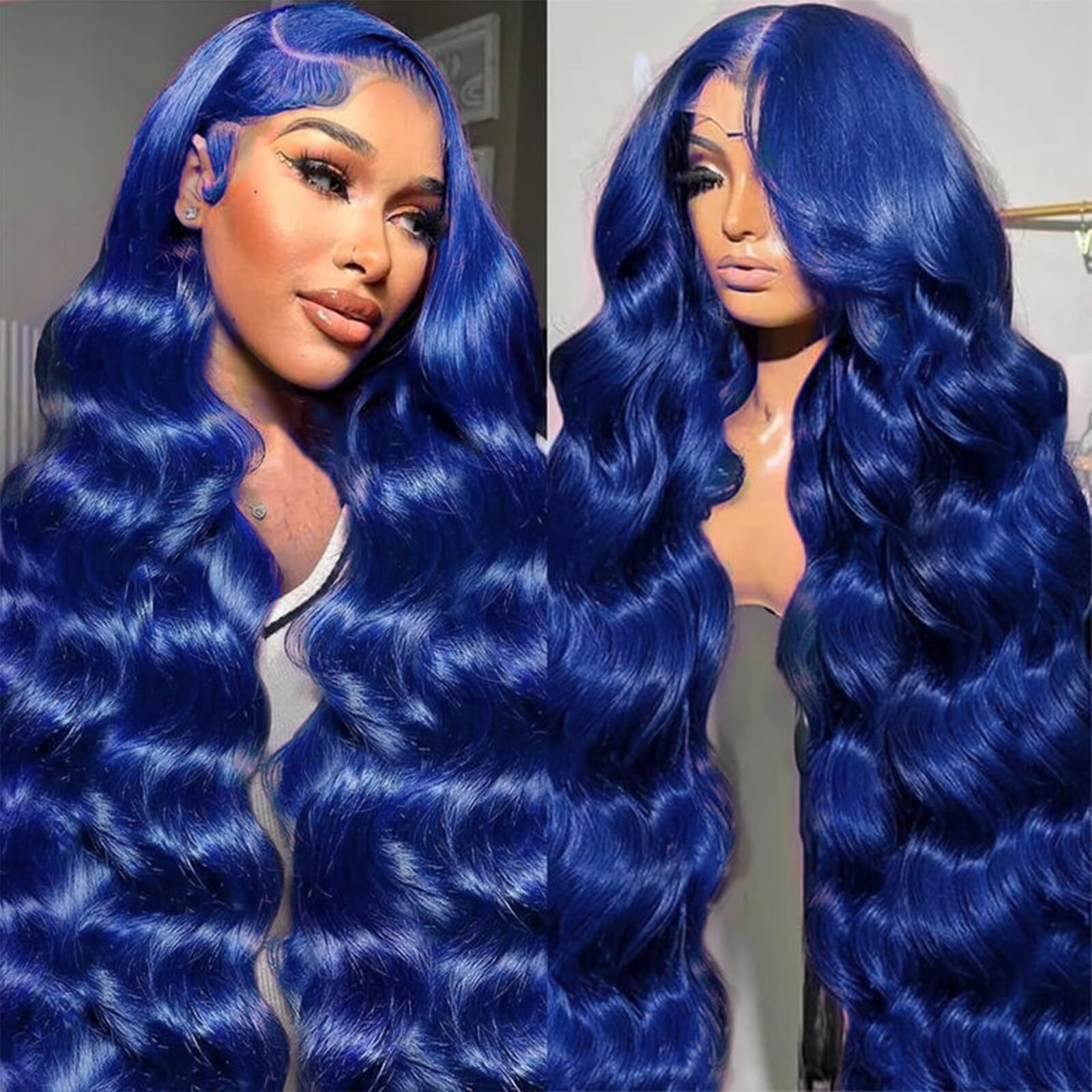 Cute Fairy 28 Inch Royal Blue Lace Front Human Hair 13X6 Lace Front Wigs Dark Blue Body Wave Wigs Pre Plucked With Baby Hair Dark Blue Colored Glueless Wig 200% Density