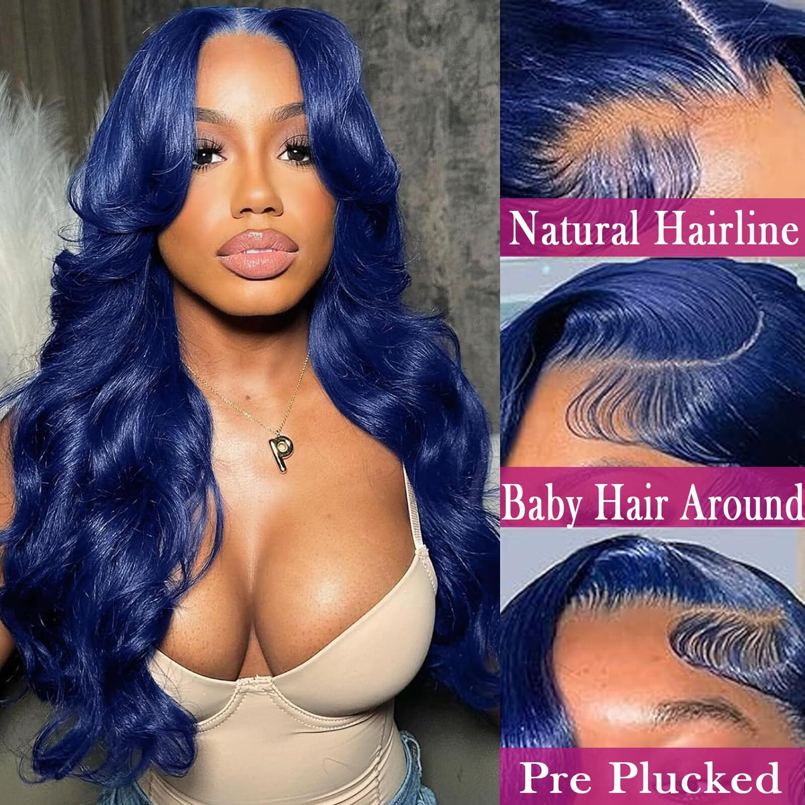 Cute Fairy 28 Inch Royal Blue Lace Front Human Hair 13X6 Lace Front Wigs Dark Blue Body Wave Wigs Pre Plucked With Baby Hair Dark Blue Colored Glueless Wig 200% Density