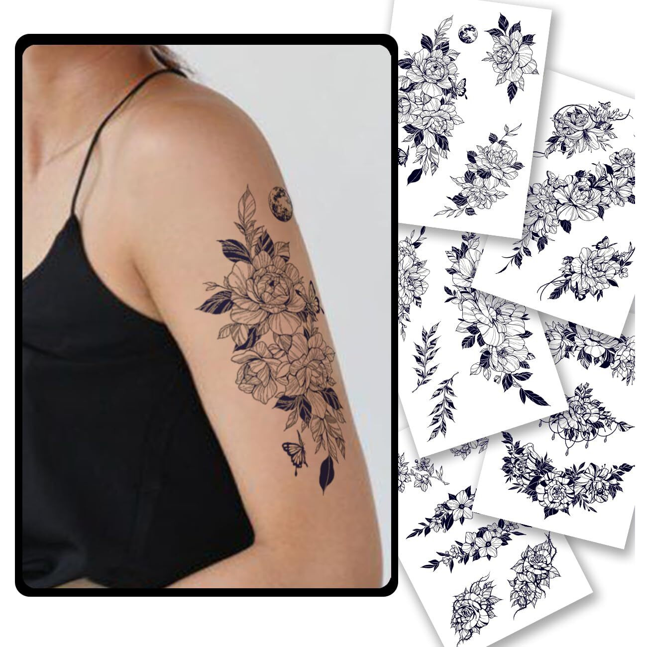 Charlnet 5 Sheets Flower Semi-Permanent Tattoos For Women - 2 Weeks Long Last Rose Fake Tattoos For Women Arm Body/Fades Naturally/No Reflection/Waterproof/Realistic