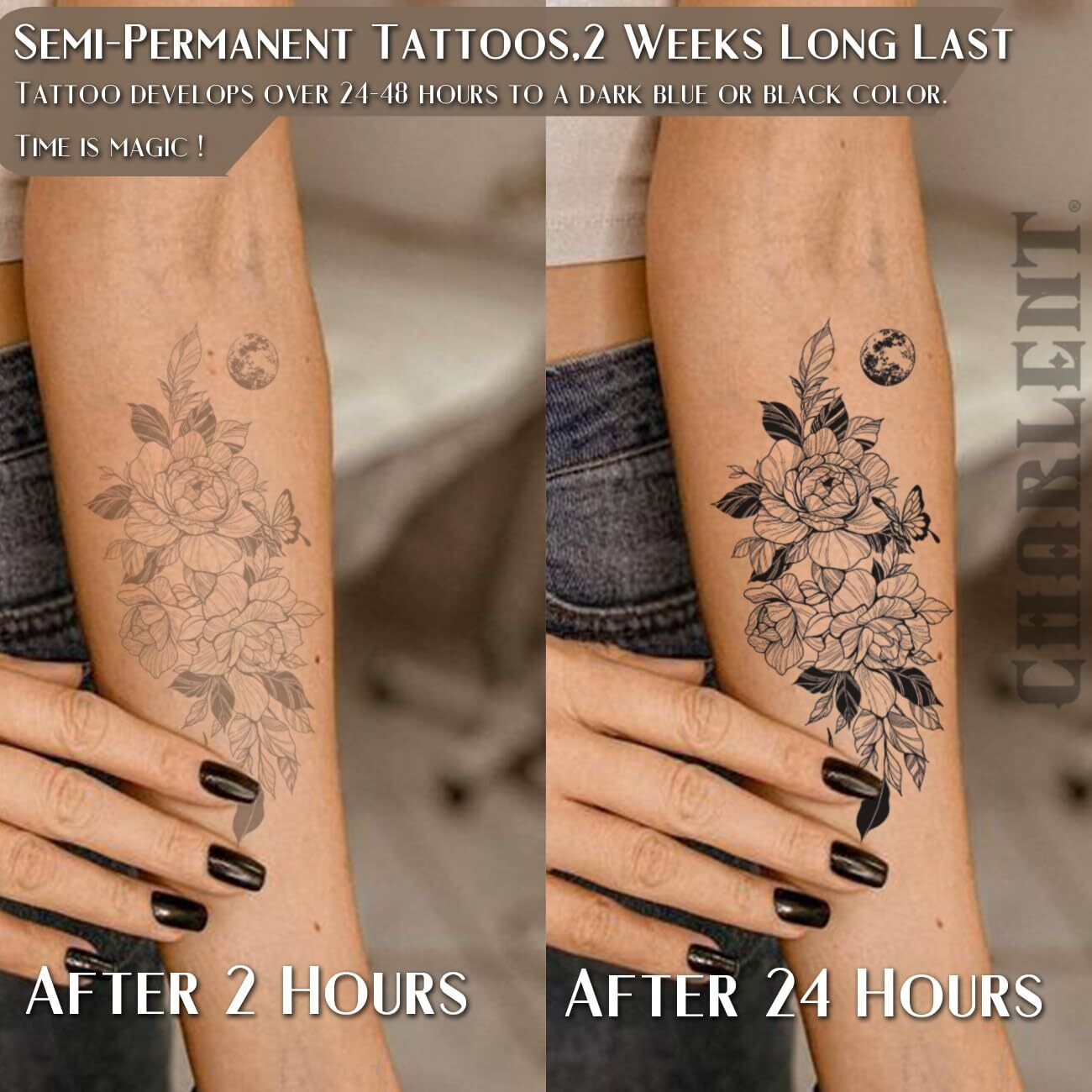 Charlnet 5 Sheets Flower Semi-Permanent Tattoos For Women - 2 Weeks Long Last Rose Fake Tattoos For Women Arm Body/Fades Naturally/No Reflection/Waterproof/Realistic