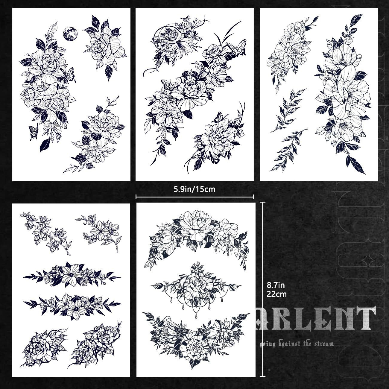 Charlnet 5 Sheets Flower Semi-Permanent Tattoos For Women - 2 Weeks Long Last Rose Fake Tattoos For Women Arm Body/Fades Naturally/No Reflection/Waterproof/Realistic