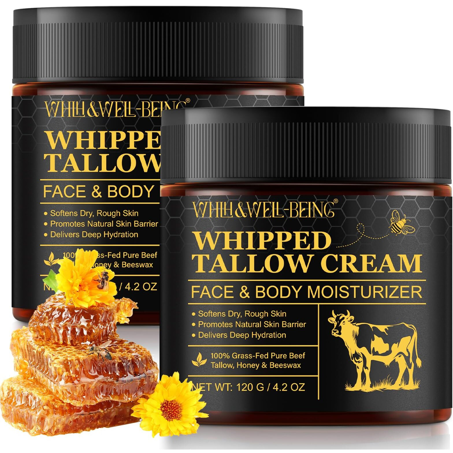 Whlh & Well-Being Beef Tallow For Skin, Beef Tallow And Honey Balm, Moisturizer For Face & Body Skin Care(2Pack)