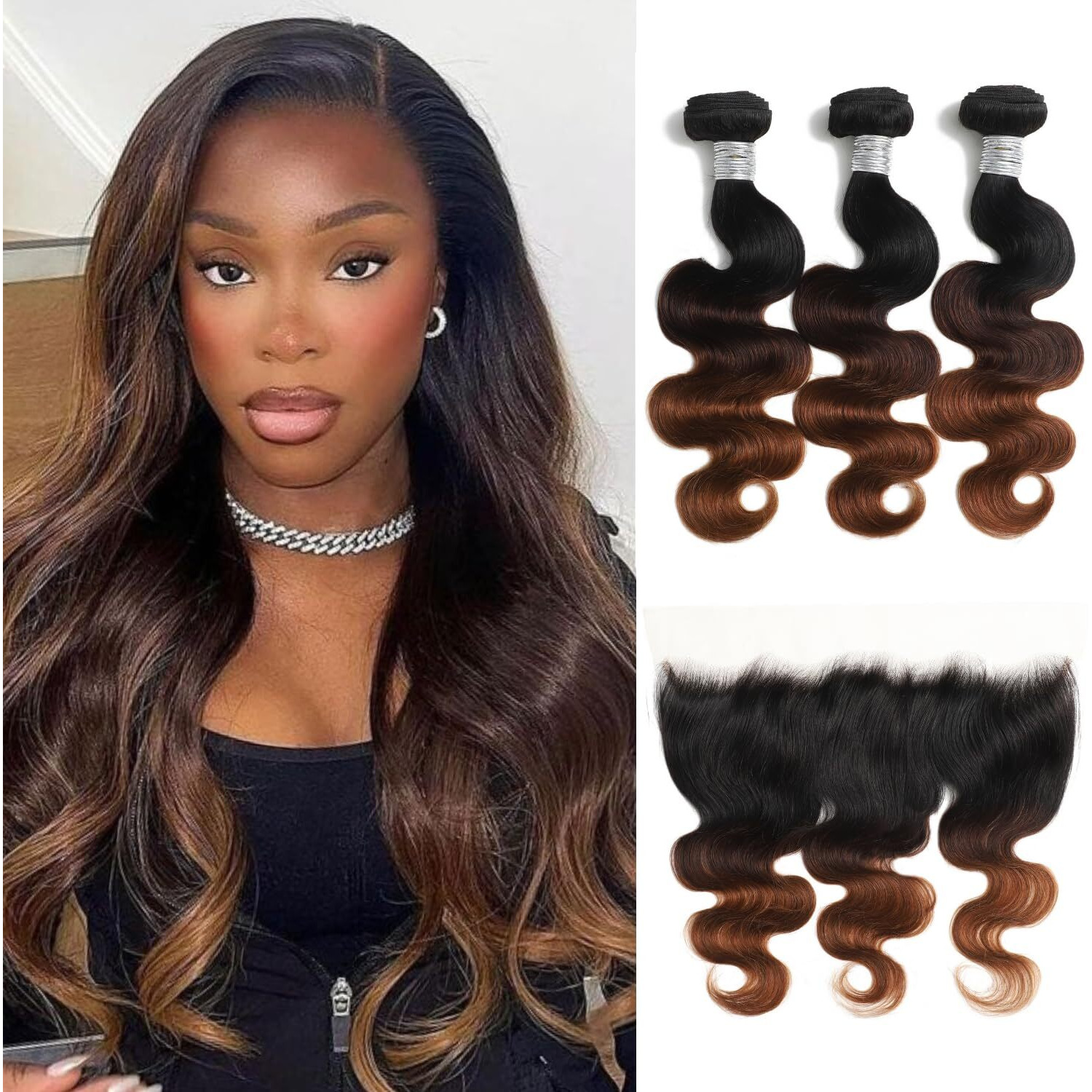 Auroo Ombre Bundles With Frontal 13X4 Body Wave 20 22 24+18, 12A Virgin Glossy Colored Dark Brown Chestnut Ombre Human Hair Bundles With 13X4 Closure Frontal Ear To Ear Free Part T1B/2/30 Weaves Weft